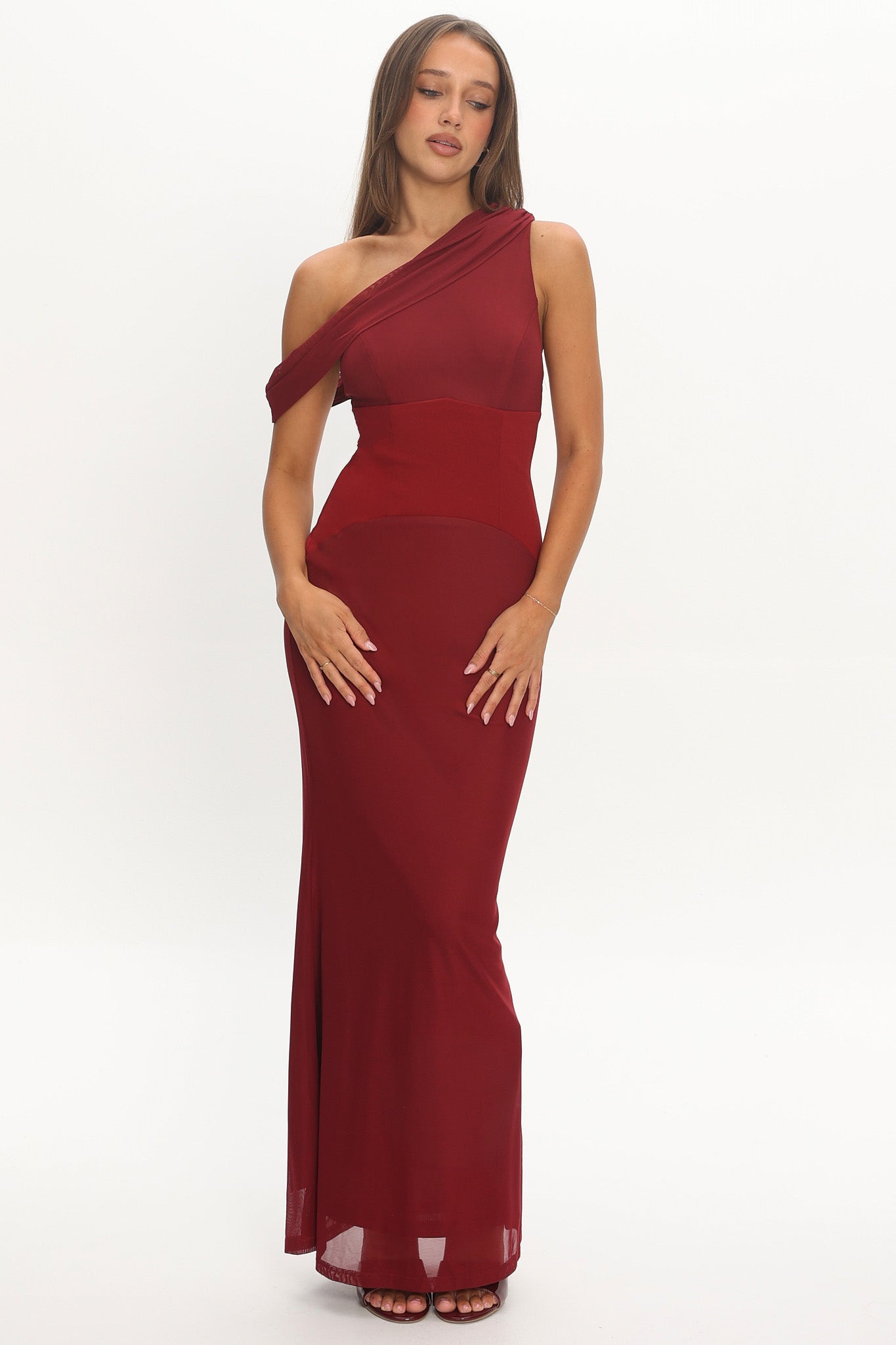Milos Asymmetric Neckline Maxi Dress Wine
