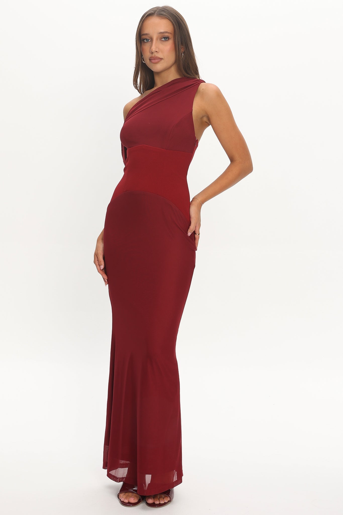 Milos Asymmetric Neckline Maxi Dress Wine