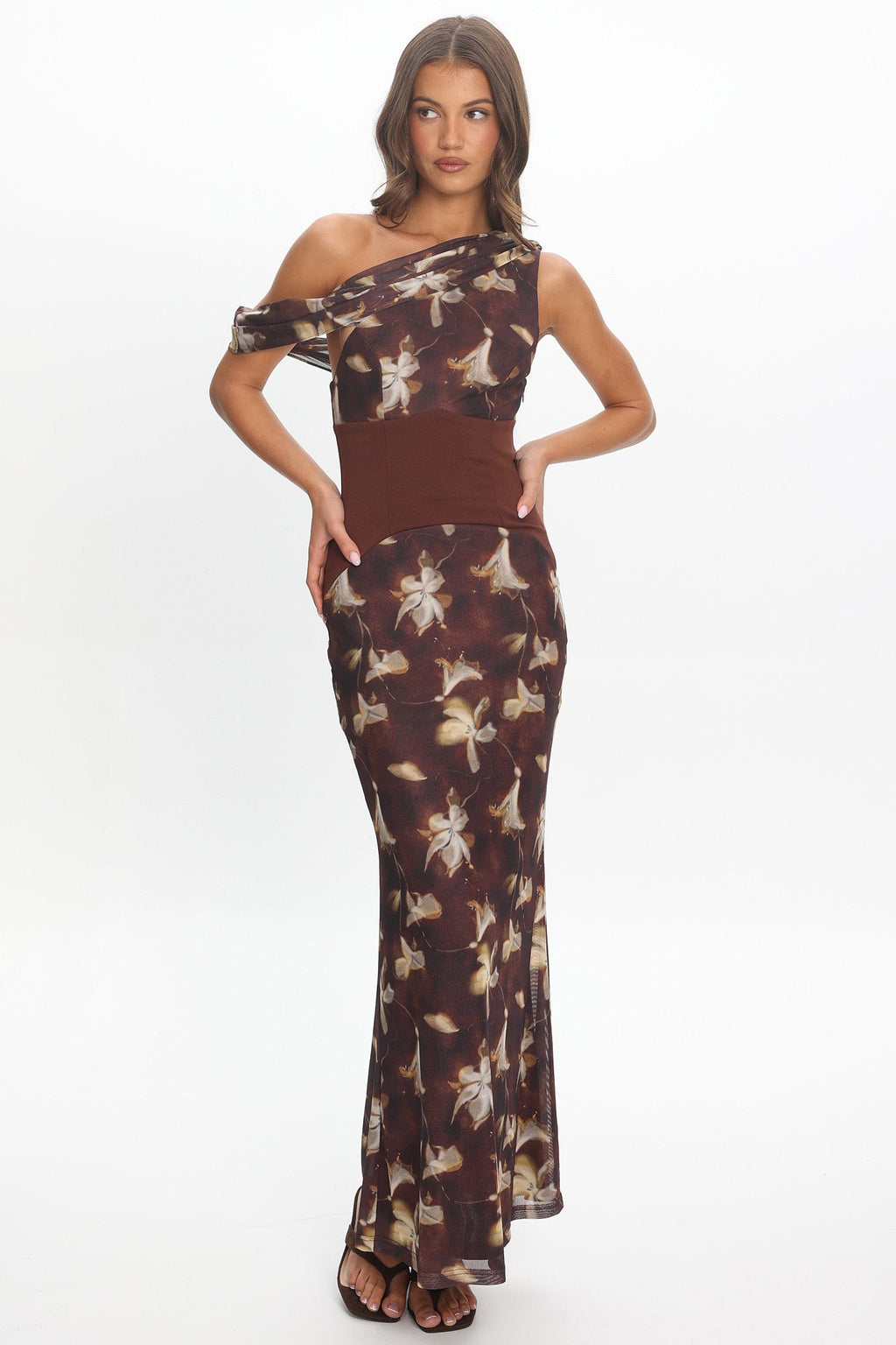 Milos Asymmetric Neckline Maxi Dress Floral