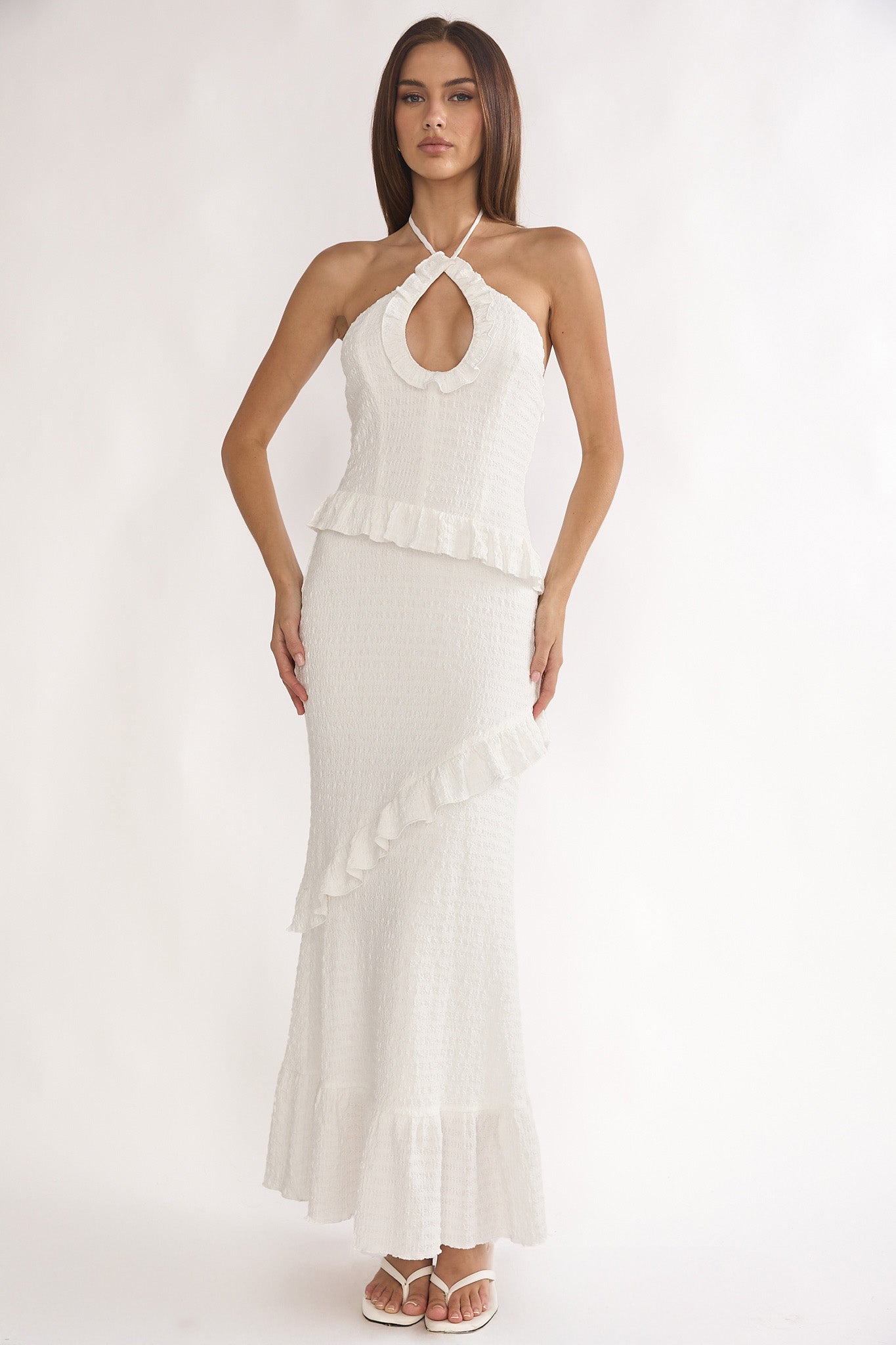 Clemence Smocked Frill Trim Maxi Dress White