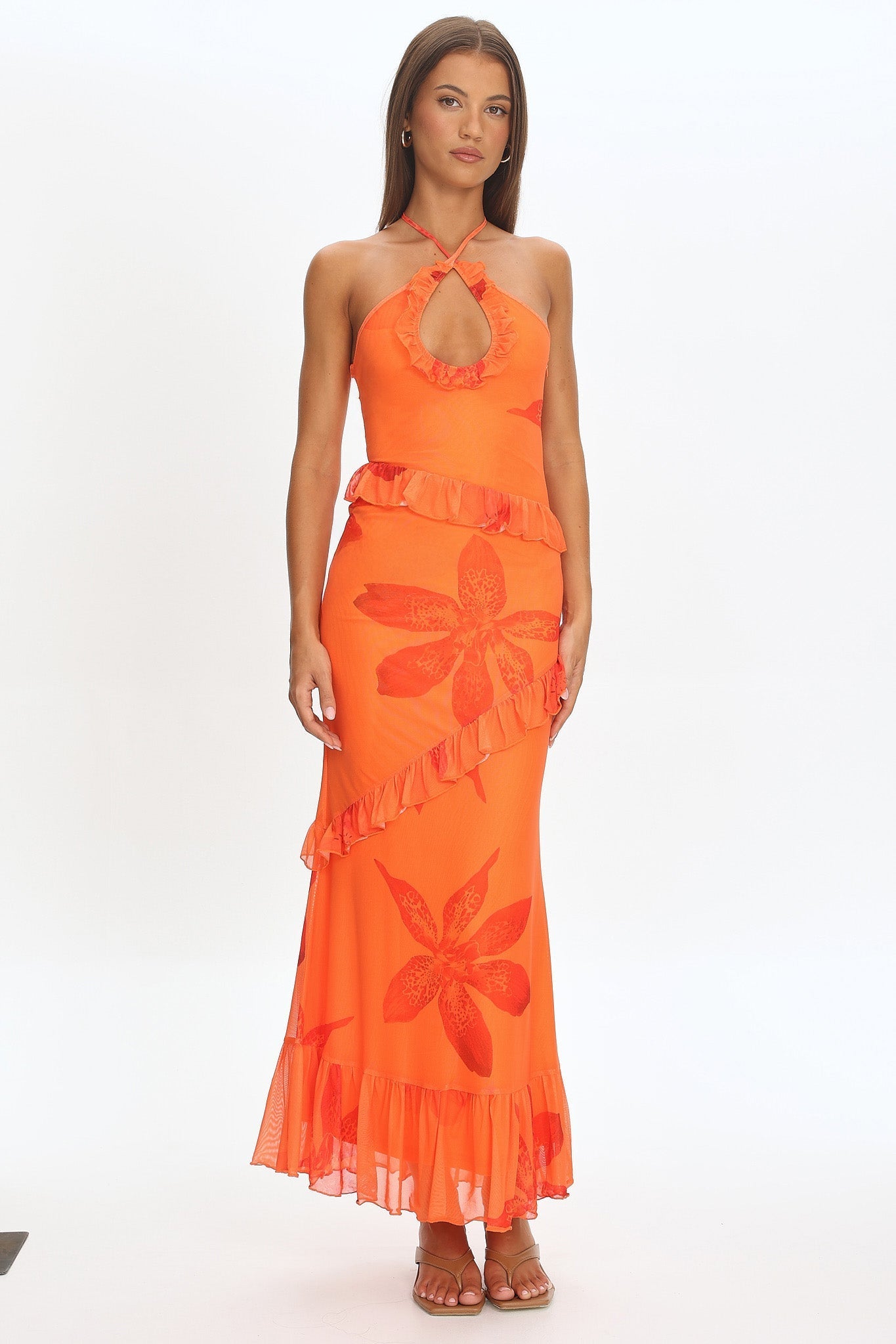 Clemence Mesh Overlay Frill Trim Maxi Dress Floral Orange