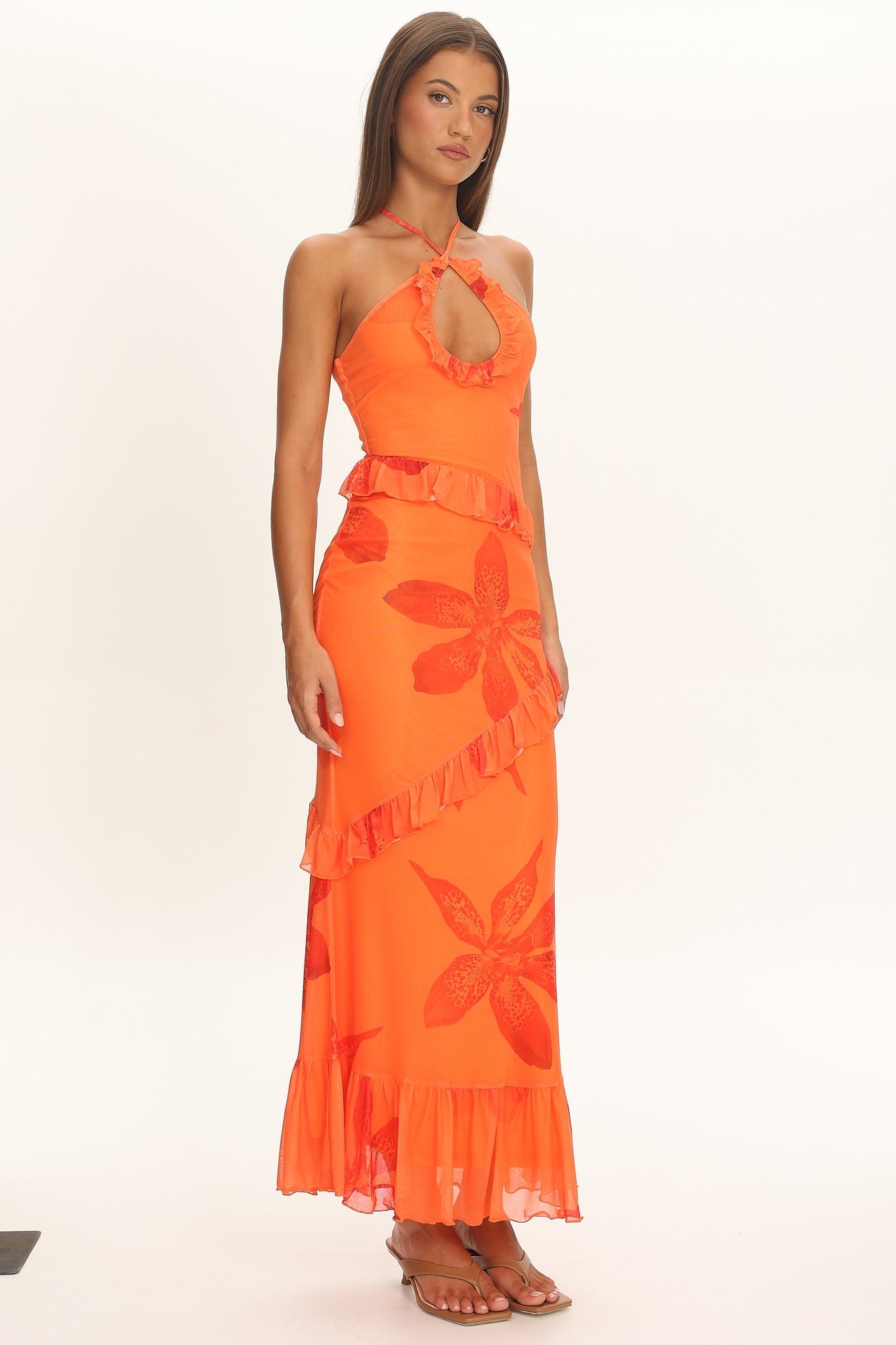 Clemence Mesh Overlay Frill Trim Maxi Dress Floral Orange