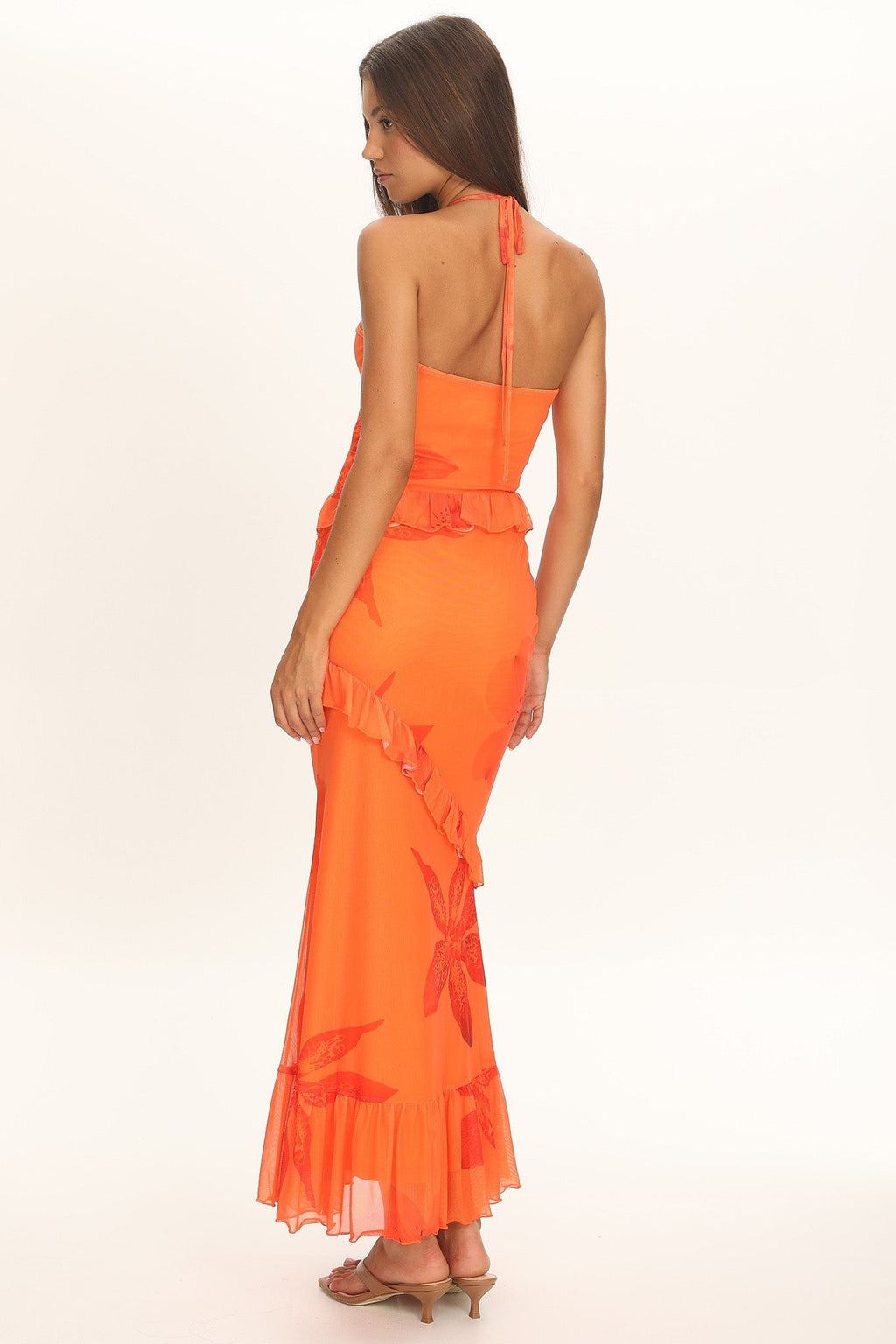 Clemence Mesh Overlay Frill Trim Maxi Dress Floral Orange