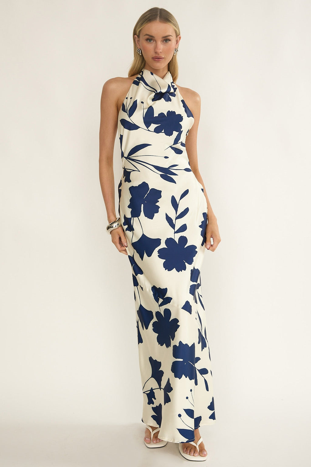 Elowis Cowl Halterneck Maxi Dress Floral Beige