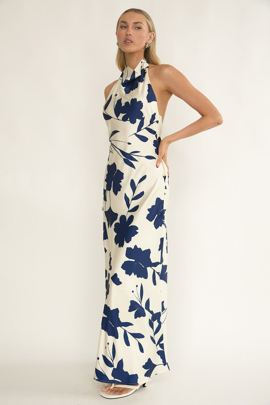 Elowis Cowl Halterneck Maxi Dress Floral Beige