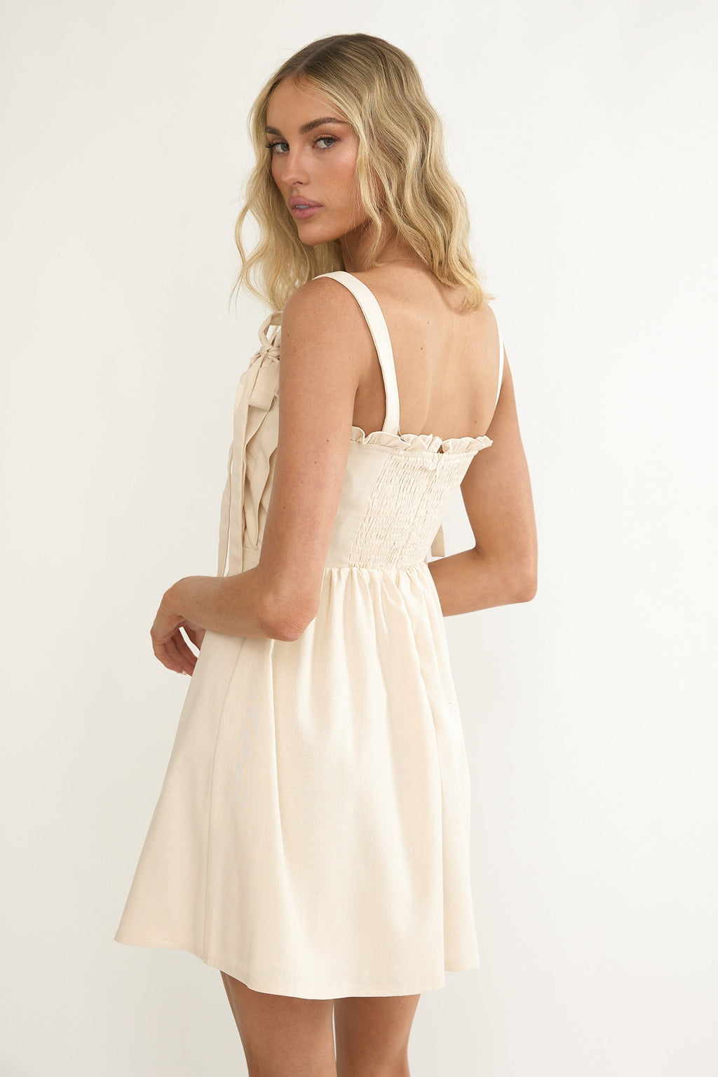Dylana Pintuck Pleat Bodice Mini Dress Cream