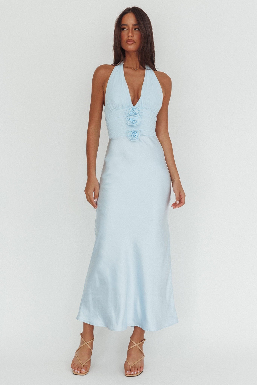 Heliora Halterneck Rosette Bust Maxi Dress Ice Blue