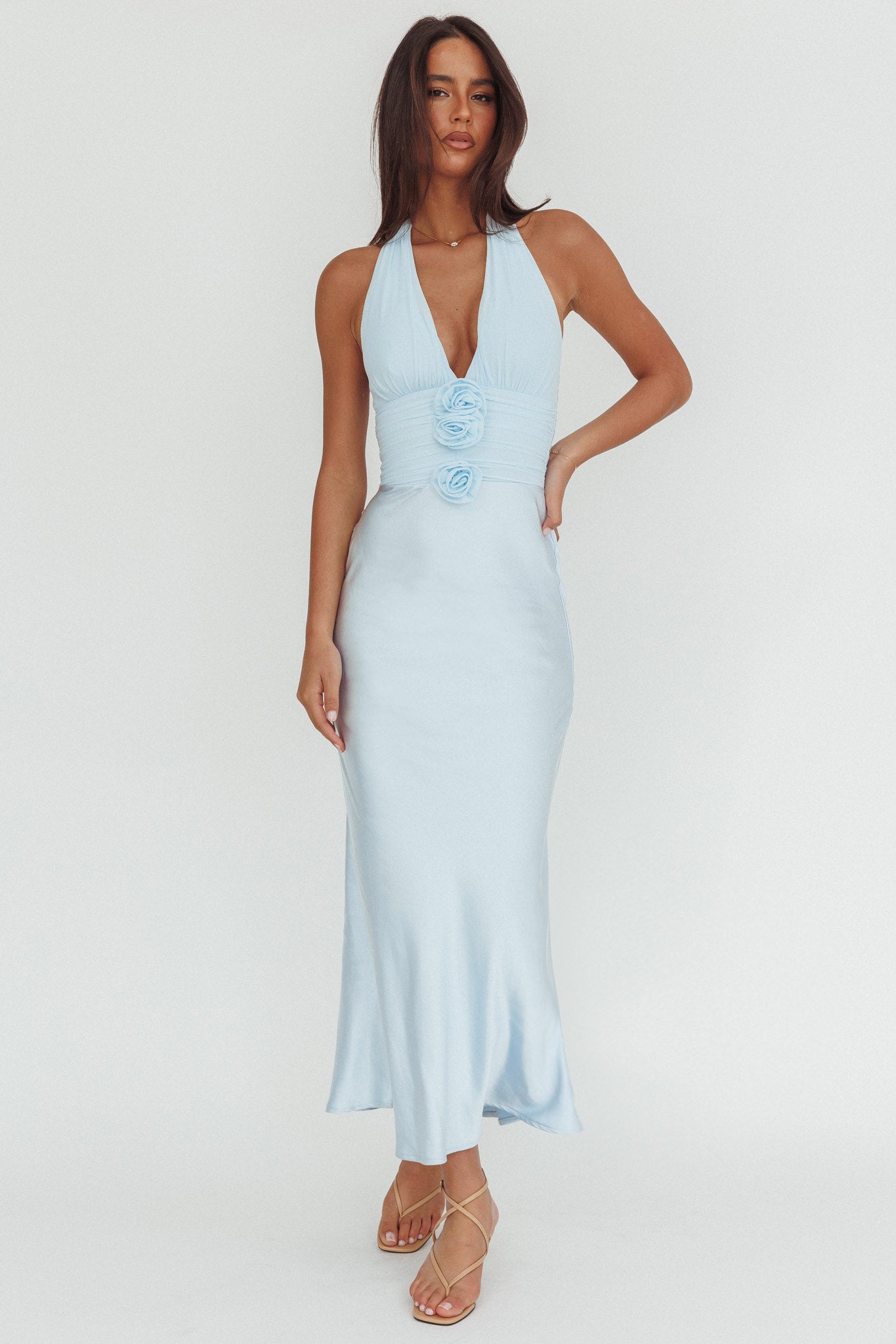 Heliora Halterneck Rosette Bust Maxi Dress Ice Blue