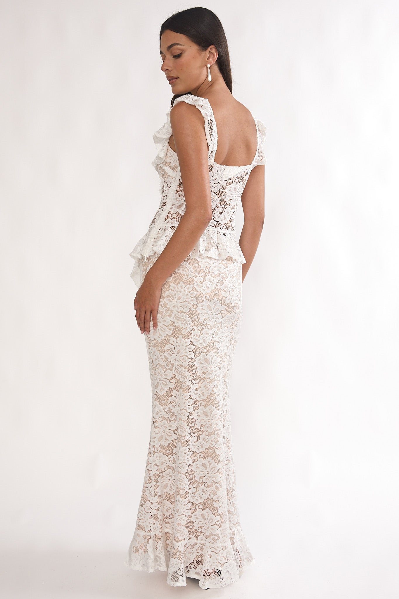 Kelina Ruffle Hem Lace Maxi Skirt White
