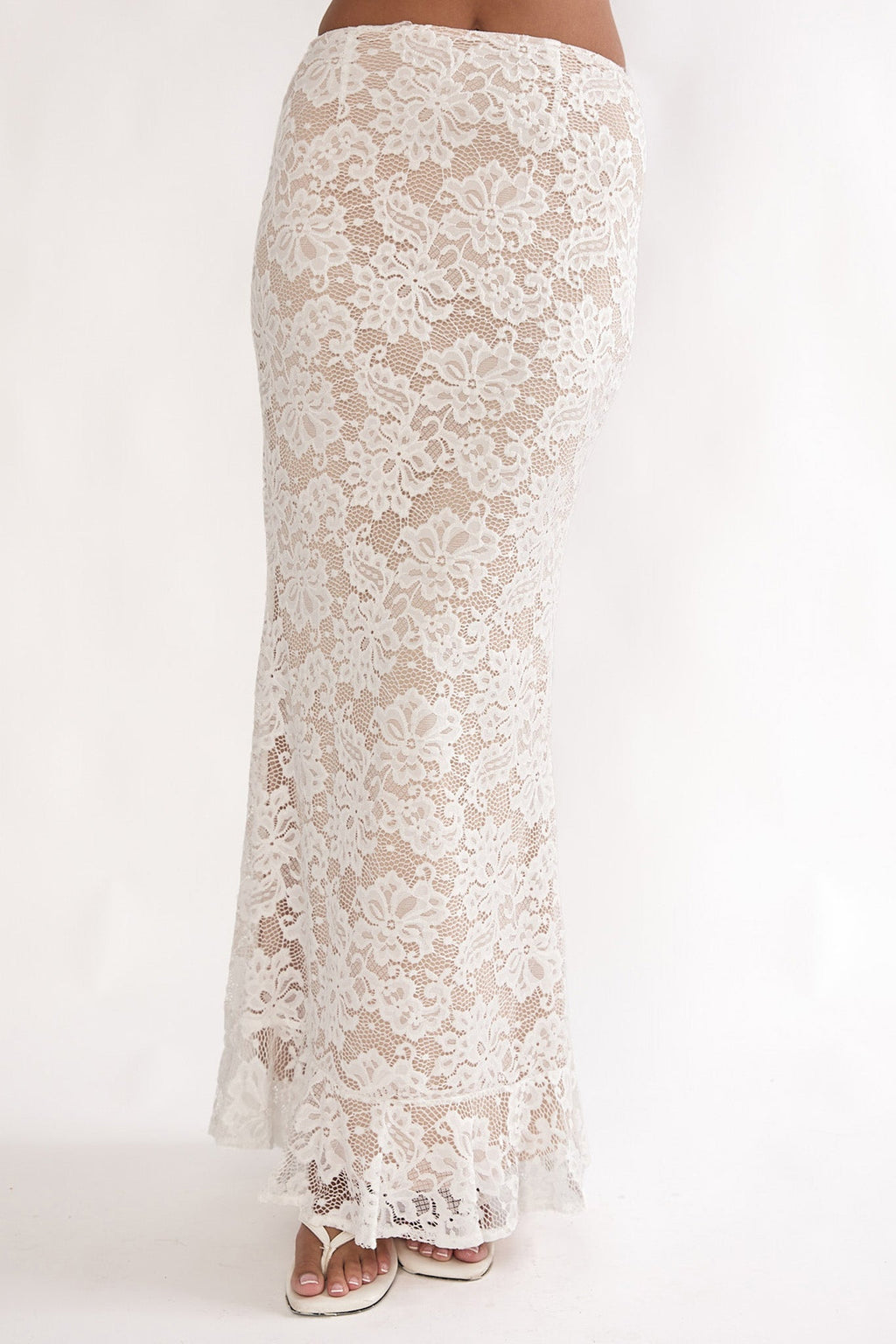 Kelina Ruffle Hem Lace Maxi Skirt White