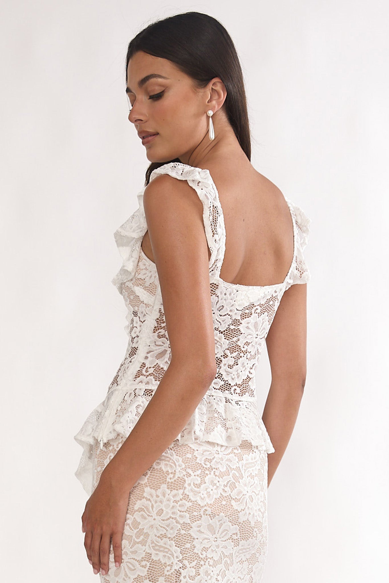 Kelina Ruffle Trim Lace Top White