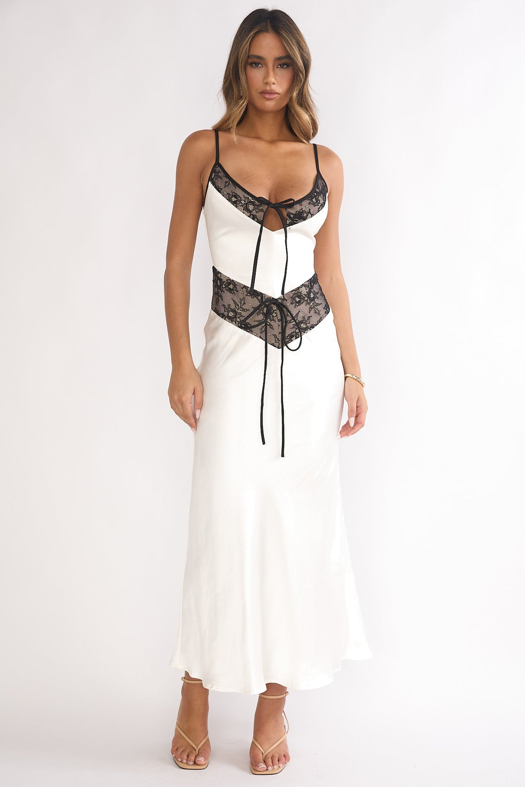 Luna Dolce Lace Trim Tie Maxi Dress Oyster