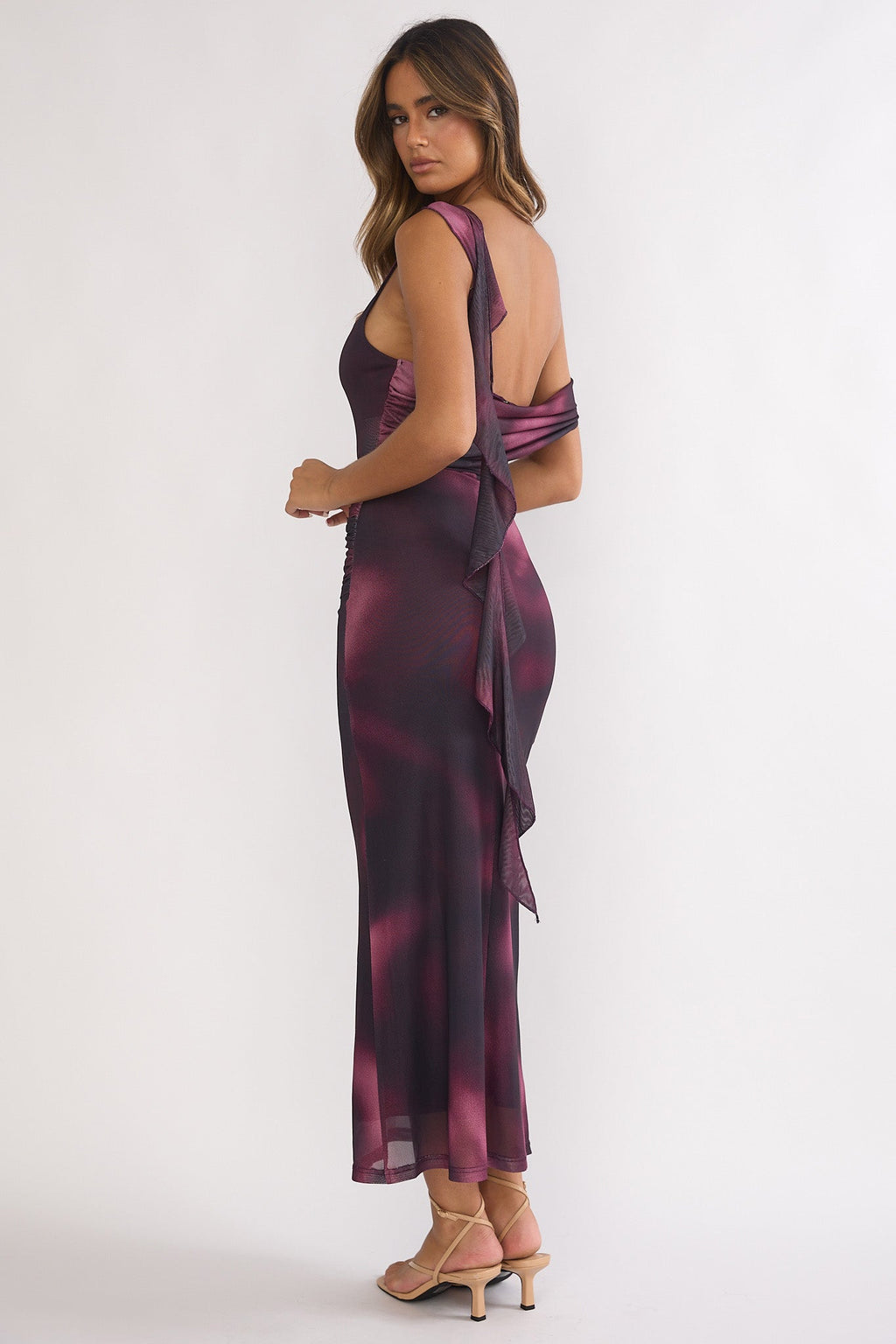 Saffra Shoulder Sash Ruched Maxi Dress Print Wine