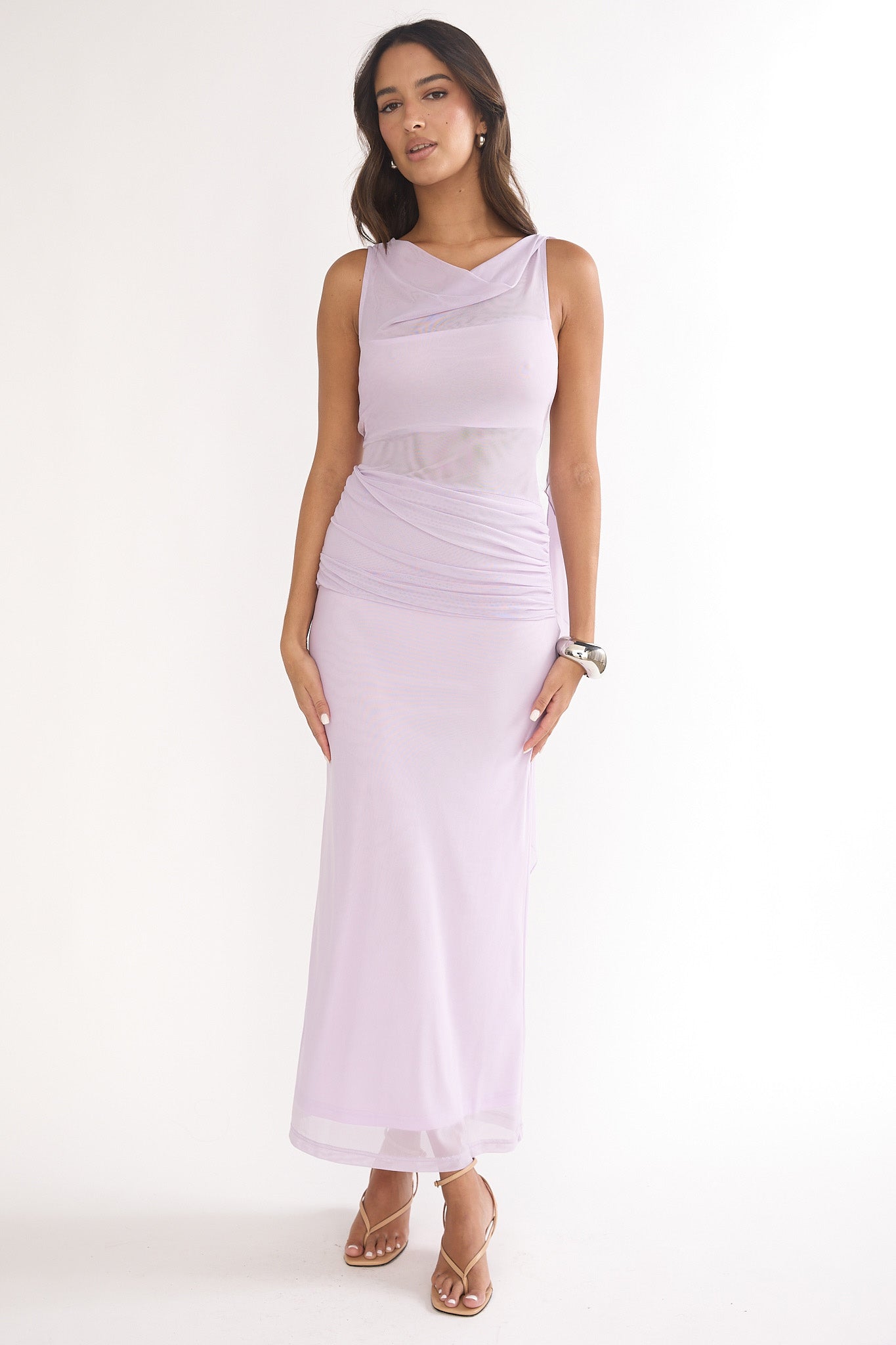 Saffra Shoulder Sash Ruched Maxi Dress Lilac
