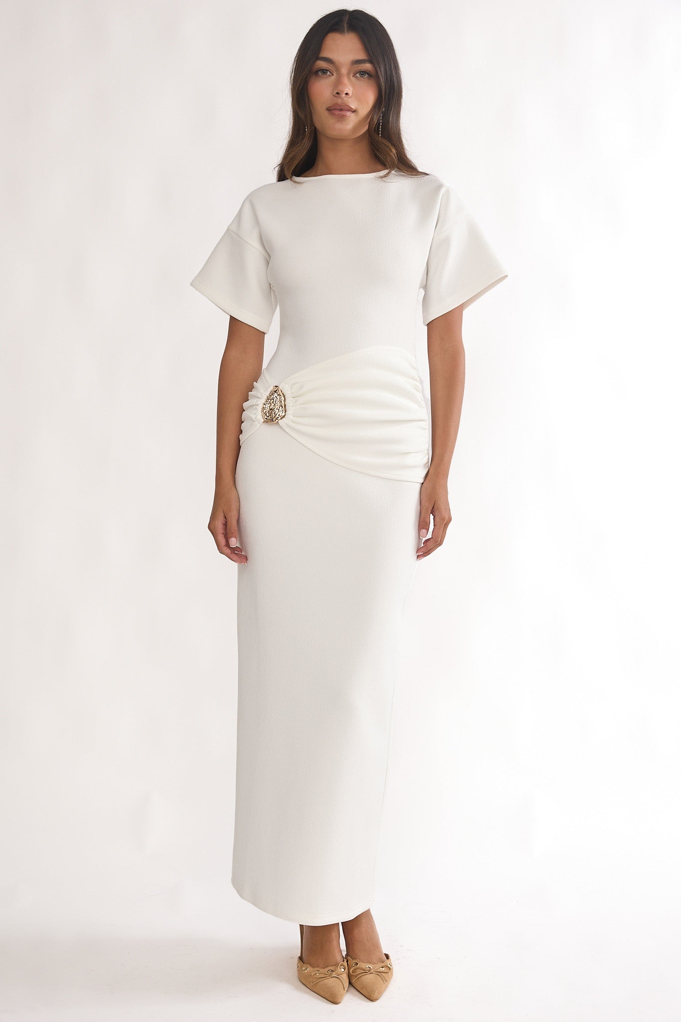 Briona Short Sleeve Buckle Maxi Dress White