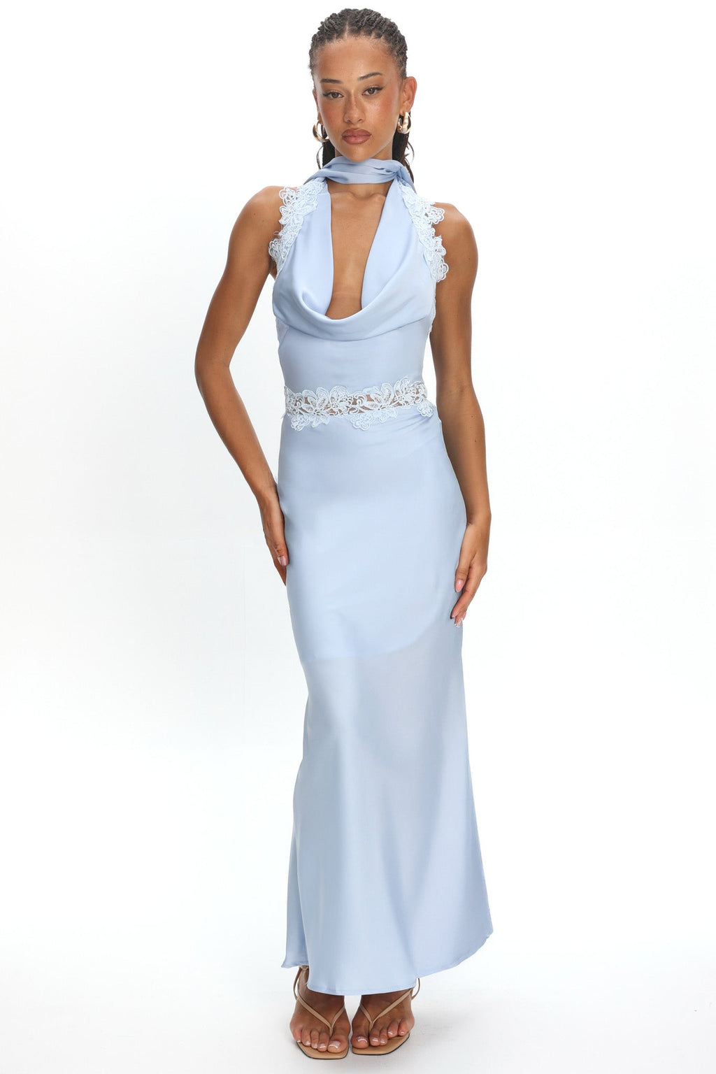 Scotlyn Applique Trim Halter Maxi Dress Blue