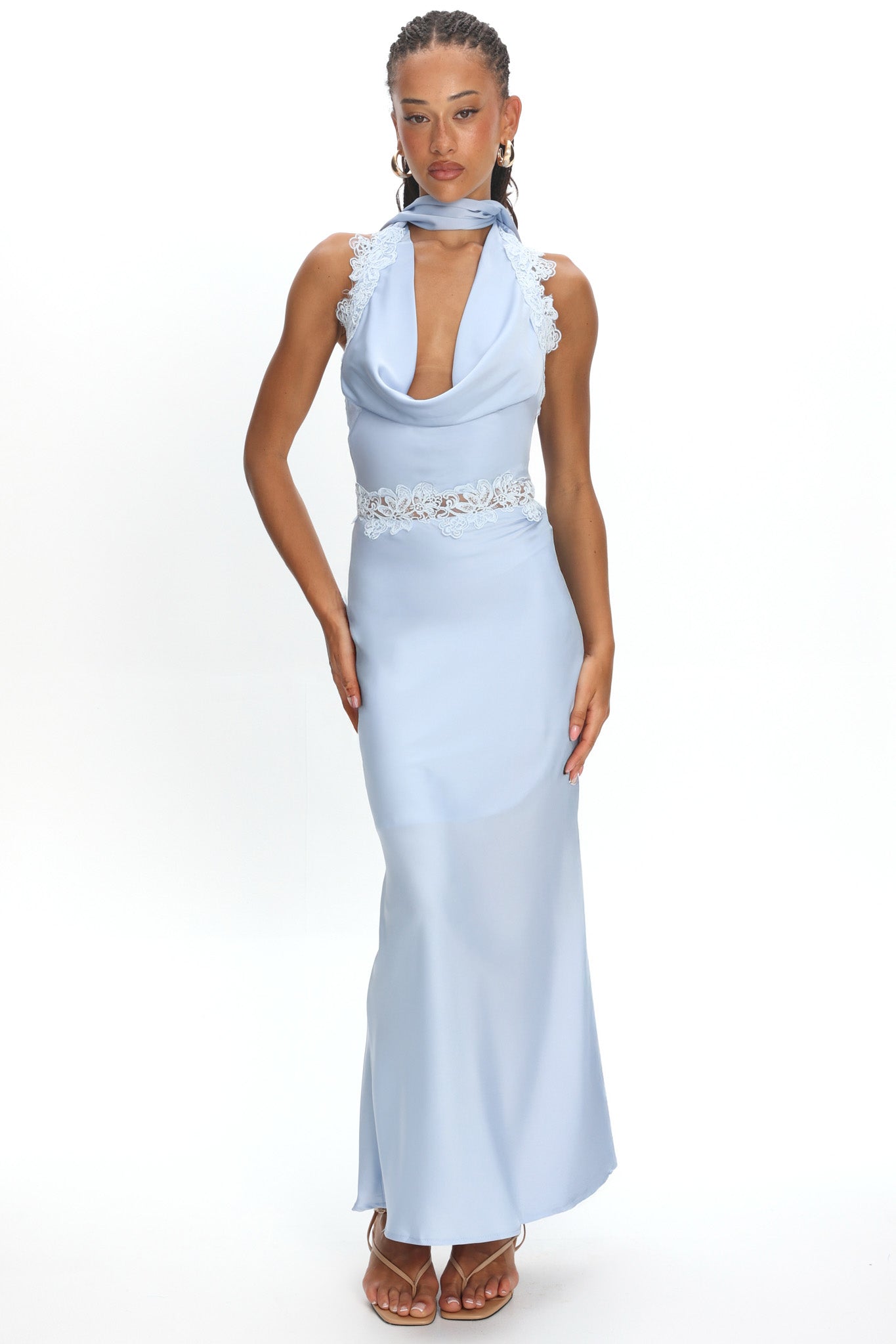 Scotlyn Applique Trim Halter Maxi Dress Blue