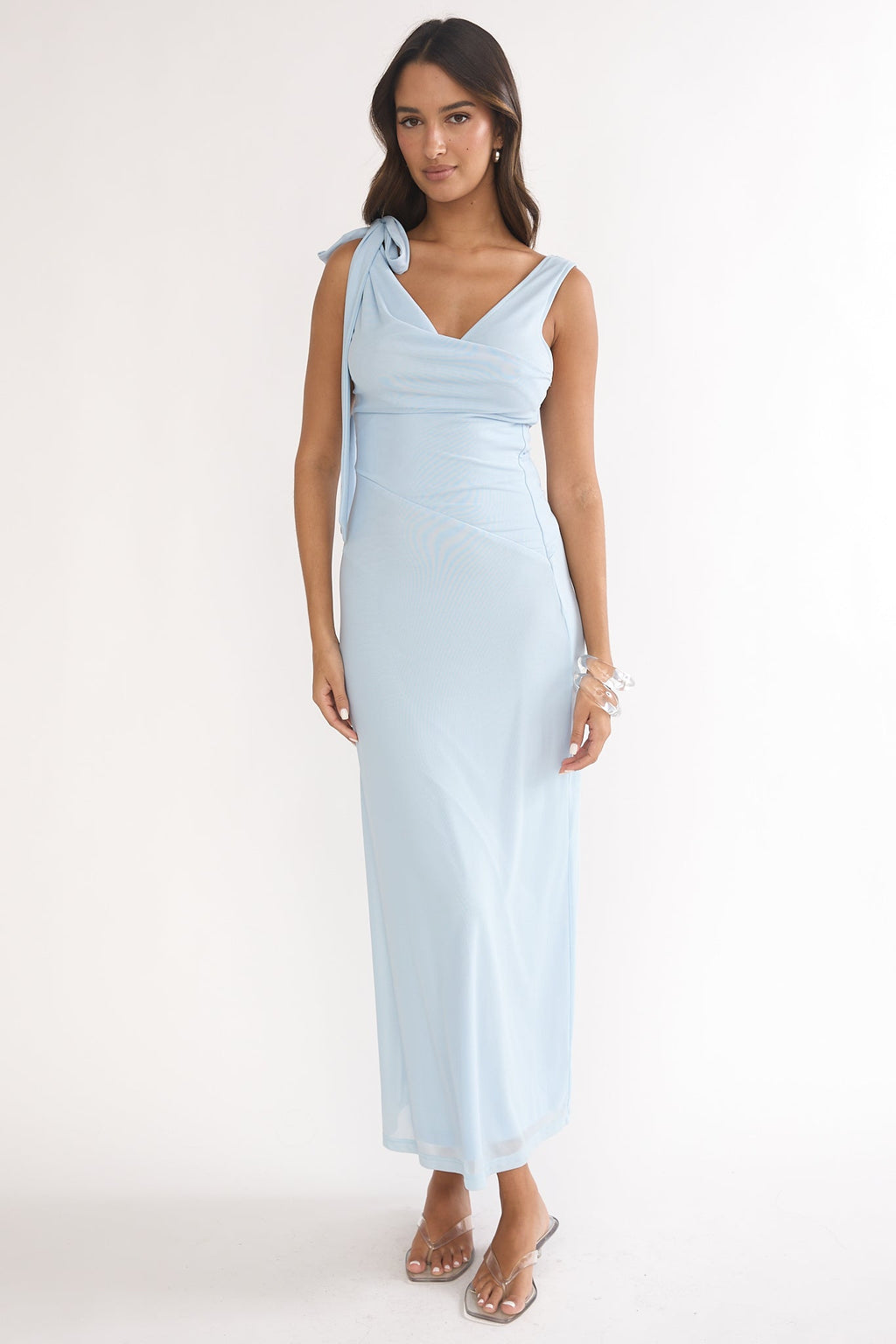 Cavelle Tie Shoulder Mesh Maxi Dress Blue