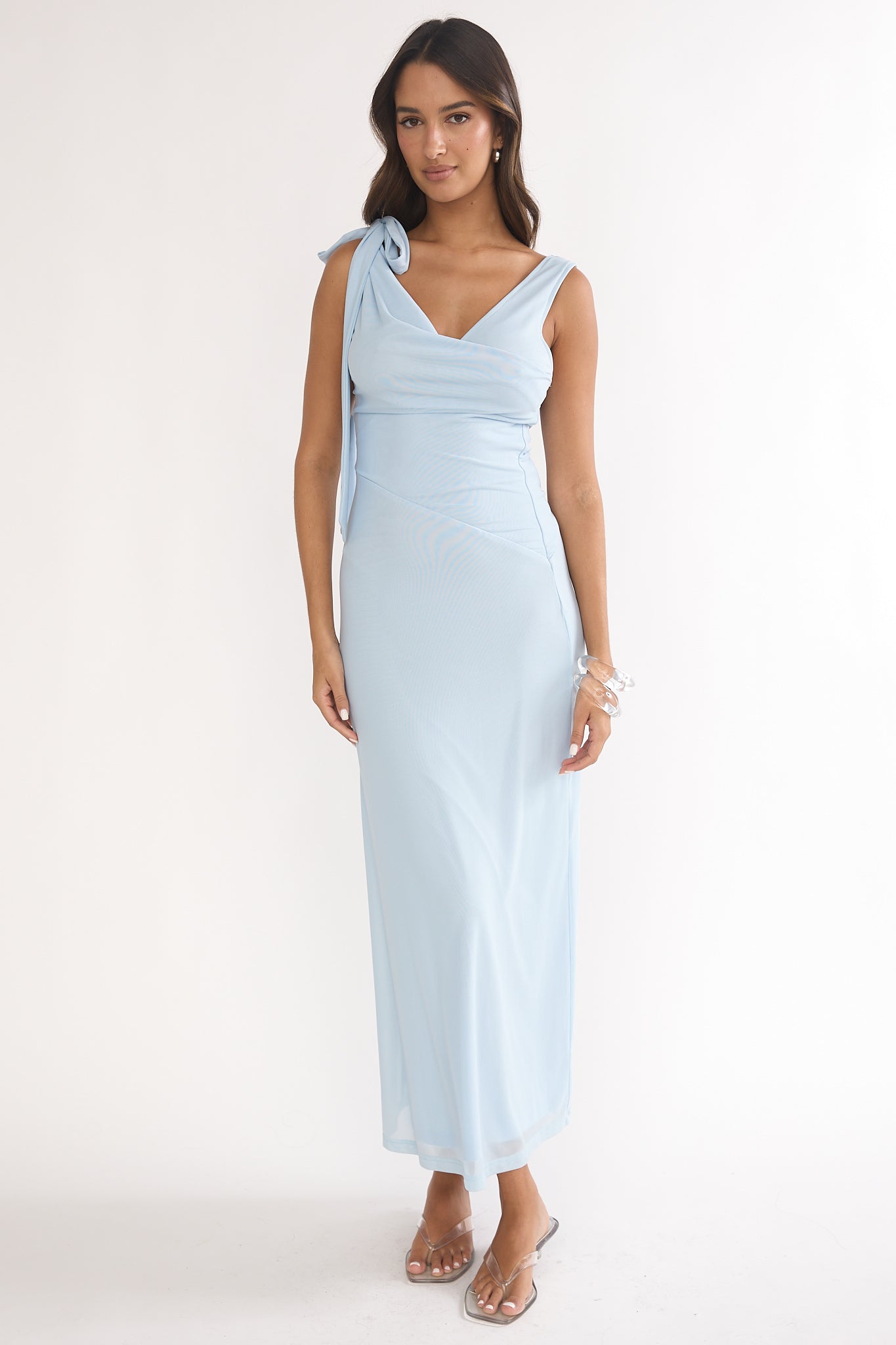 Cavelle Tie Shoulder Mesh Maxi Dress Blue