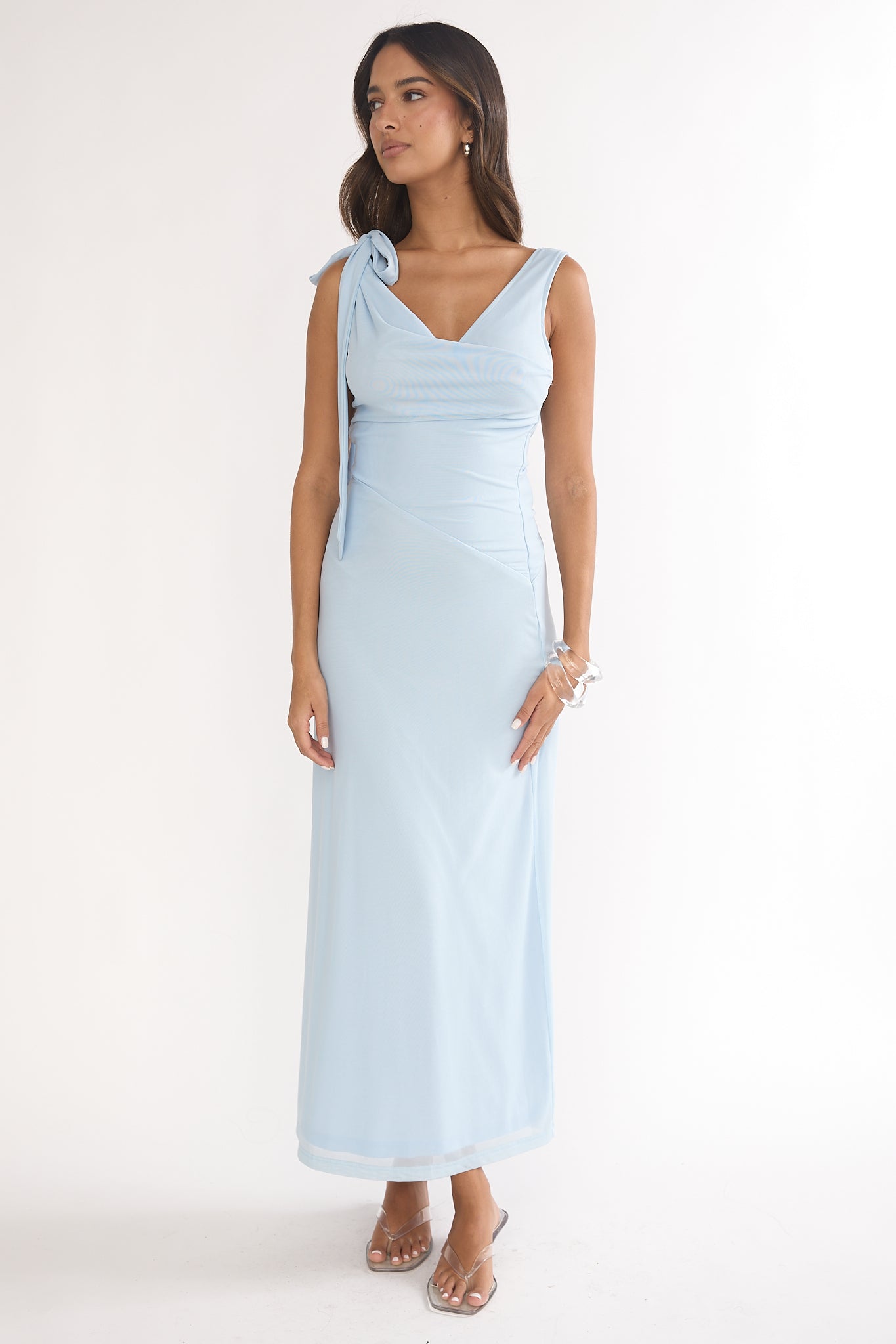 Cavelle Tie Shoulder Mesh Maxi Dress Blue