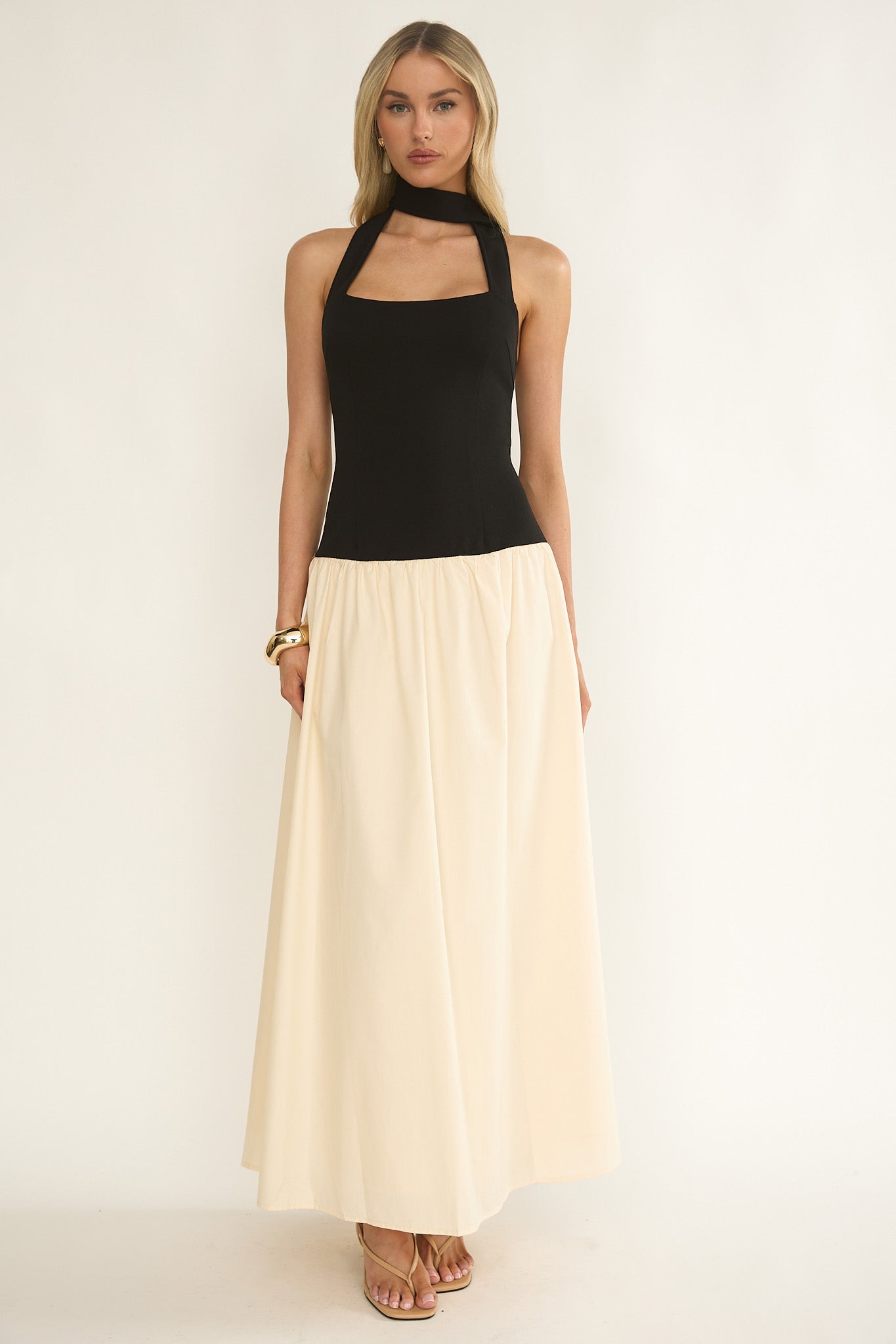 Elery Drop Waist Halter Maxi Dress Black/Cream