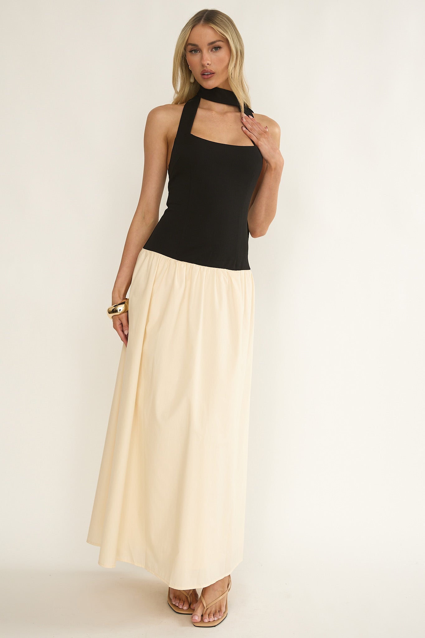 Elery Drop Waist Halter Maxi Dress Black/Cream