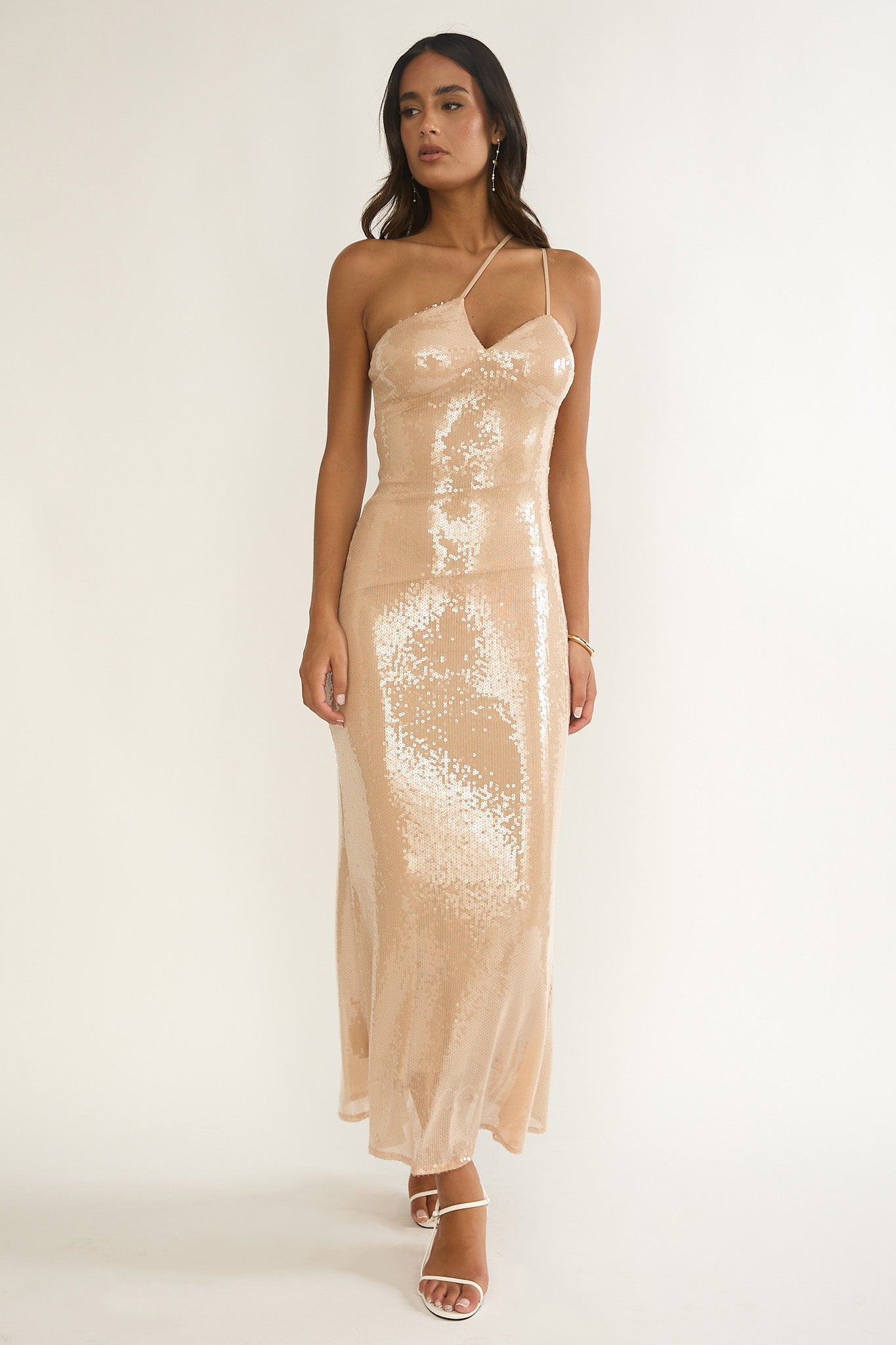 Roselyn One-Shoulder Sequin Maxi Dress Latte
