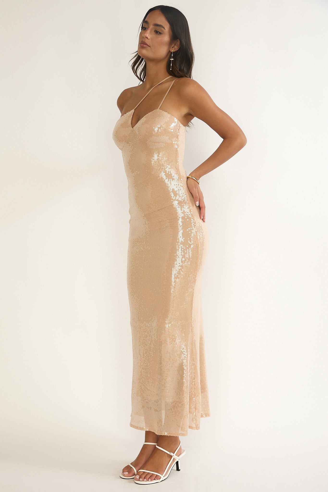 Roselyn One-Shoulder Sequin Maxi Dress Latte