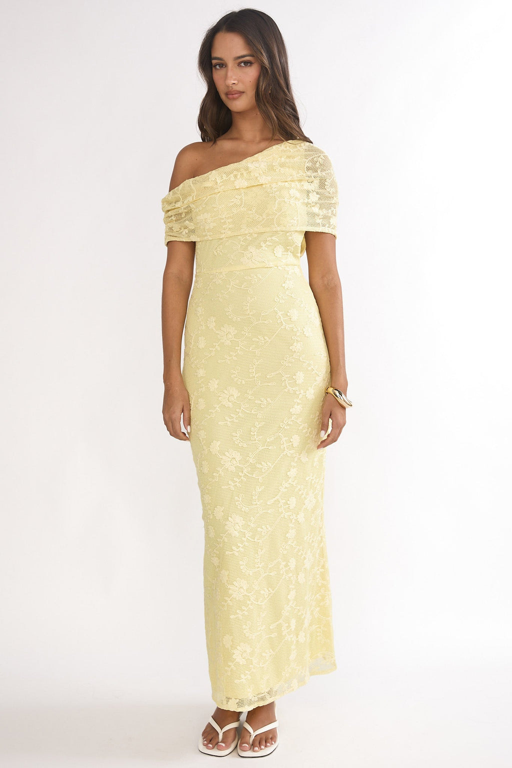 Elita Asymmetric Neckline Lace Maxi Dress Lemon