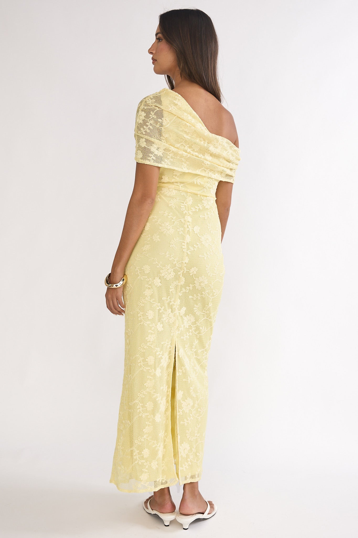 Elita Asymmetric Neckline Lace Maxi Dress Lemon