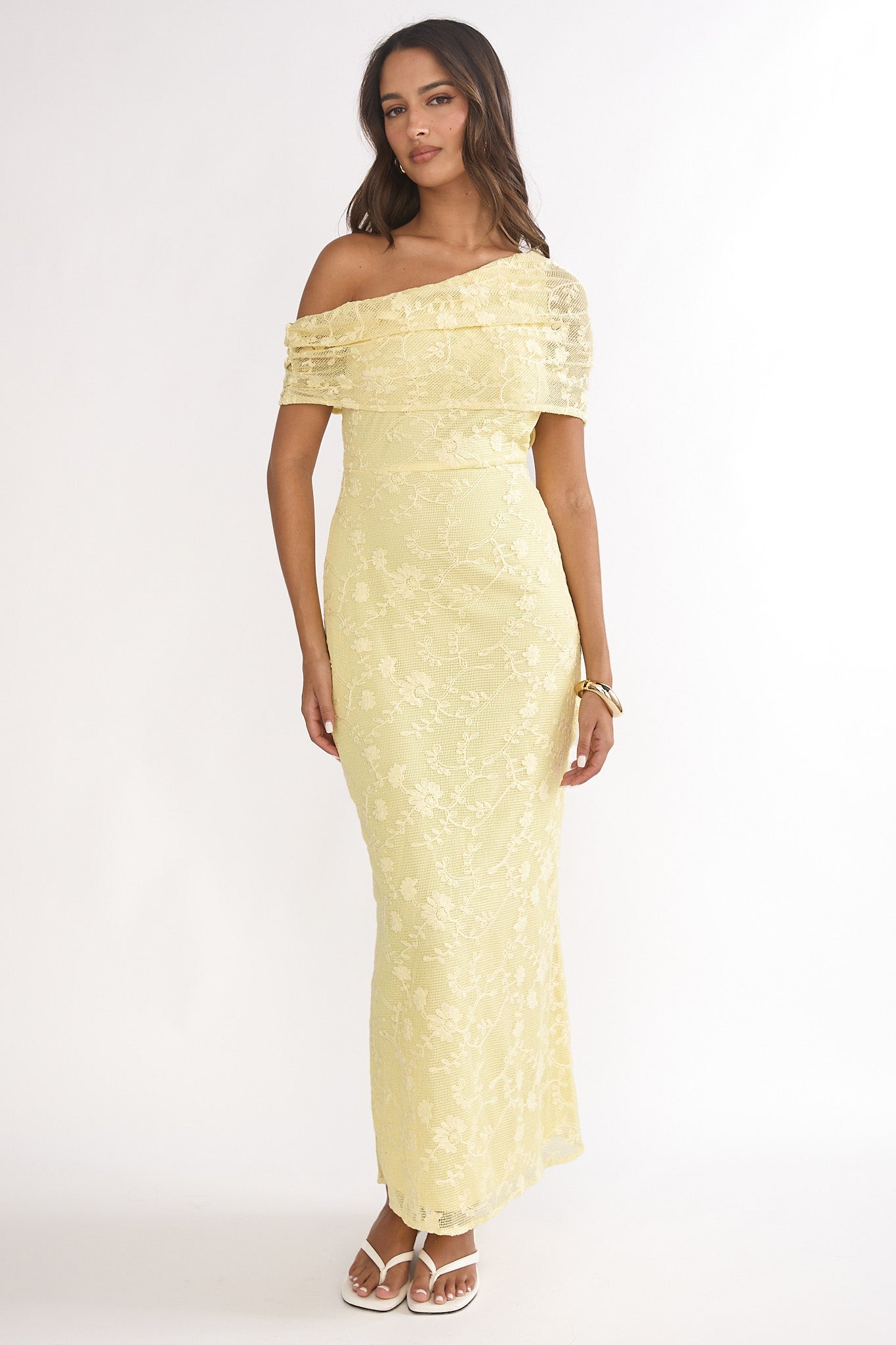 Elita Asymmetric Neckline Lace Maxi Dress Lemon
