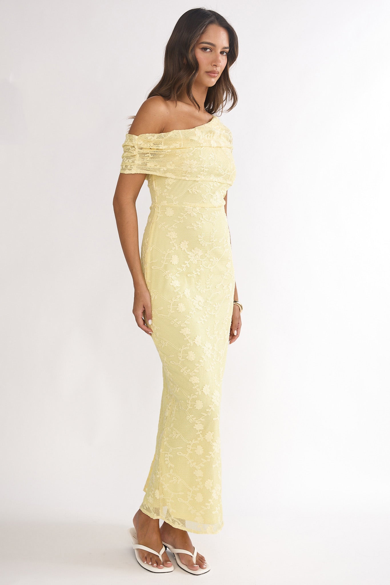 Elita Asymmetric Neckline Lace Maxi Dress Lemon