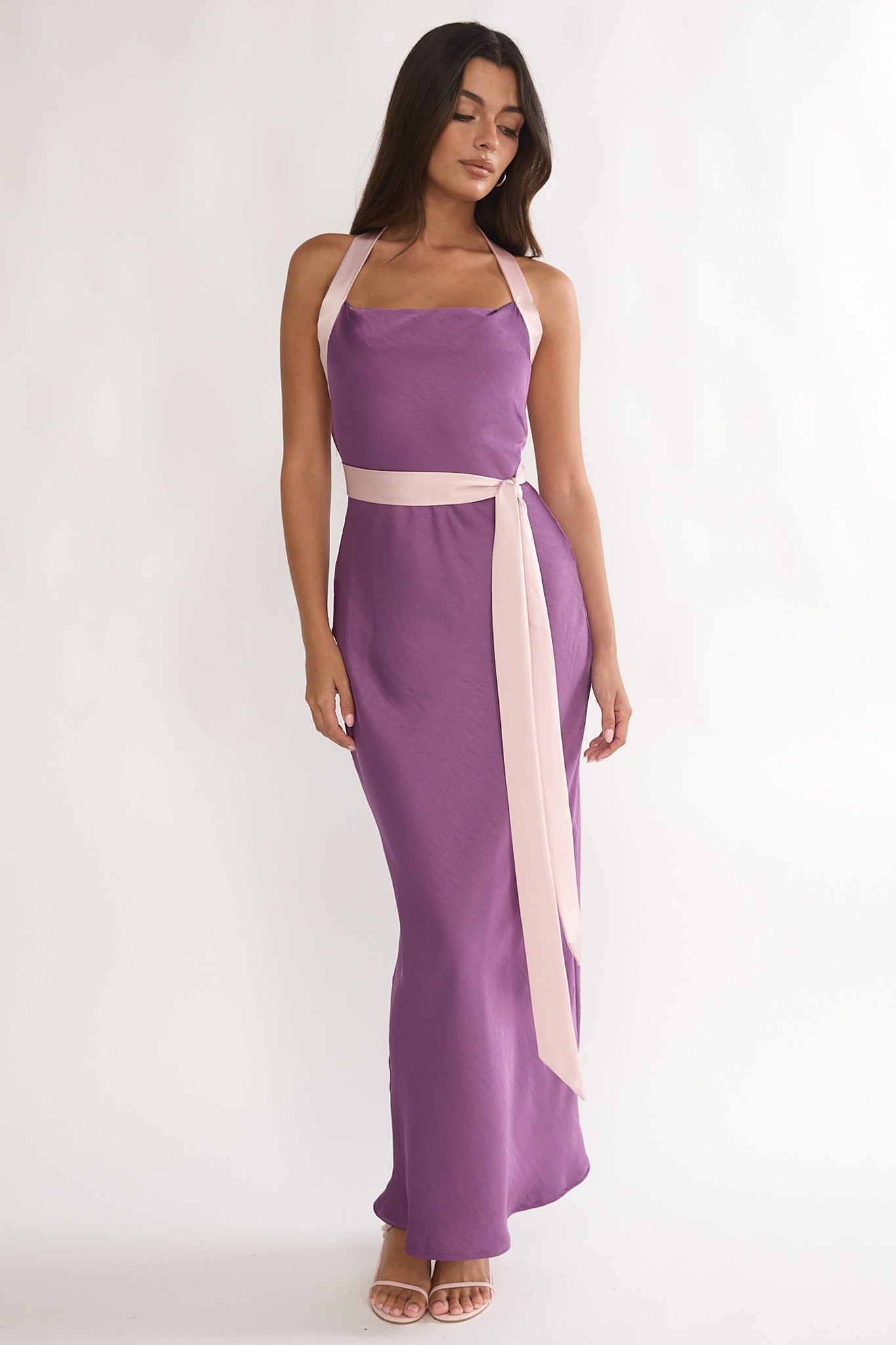 Elanah Waist Tie Halter Maxi Dress Grape