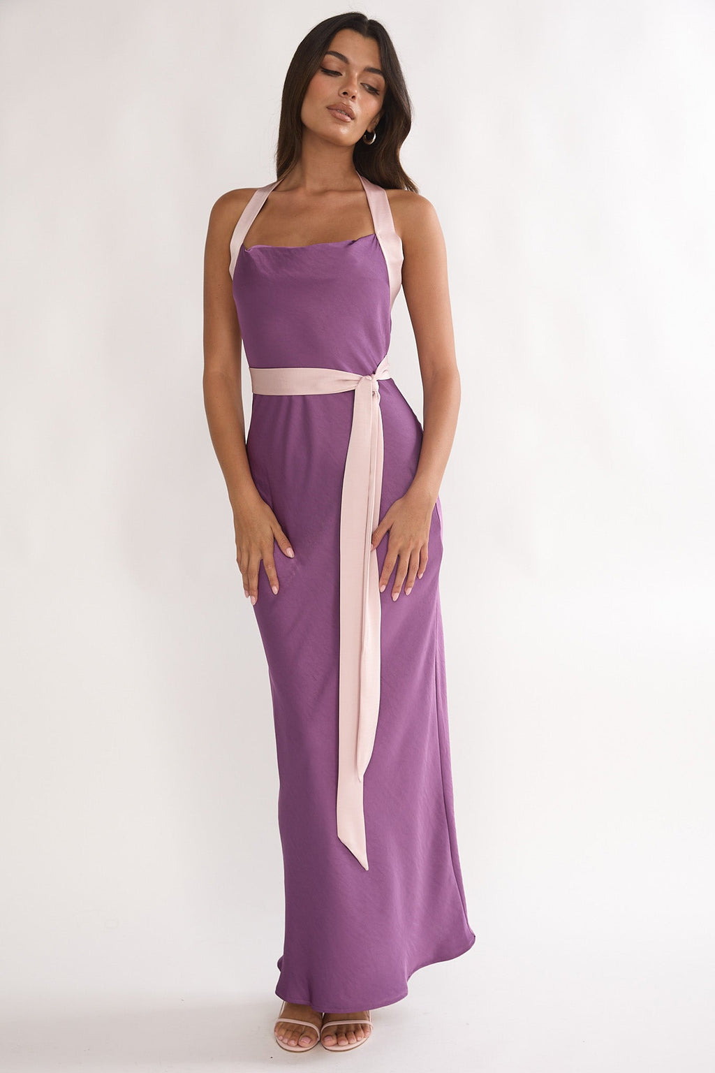 Elanah Waist Tie Halter Maxi Dress Grape