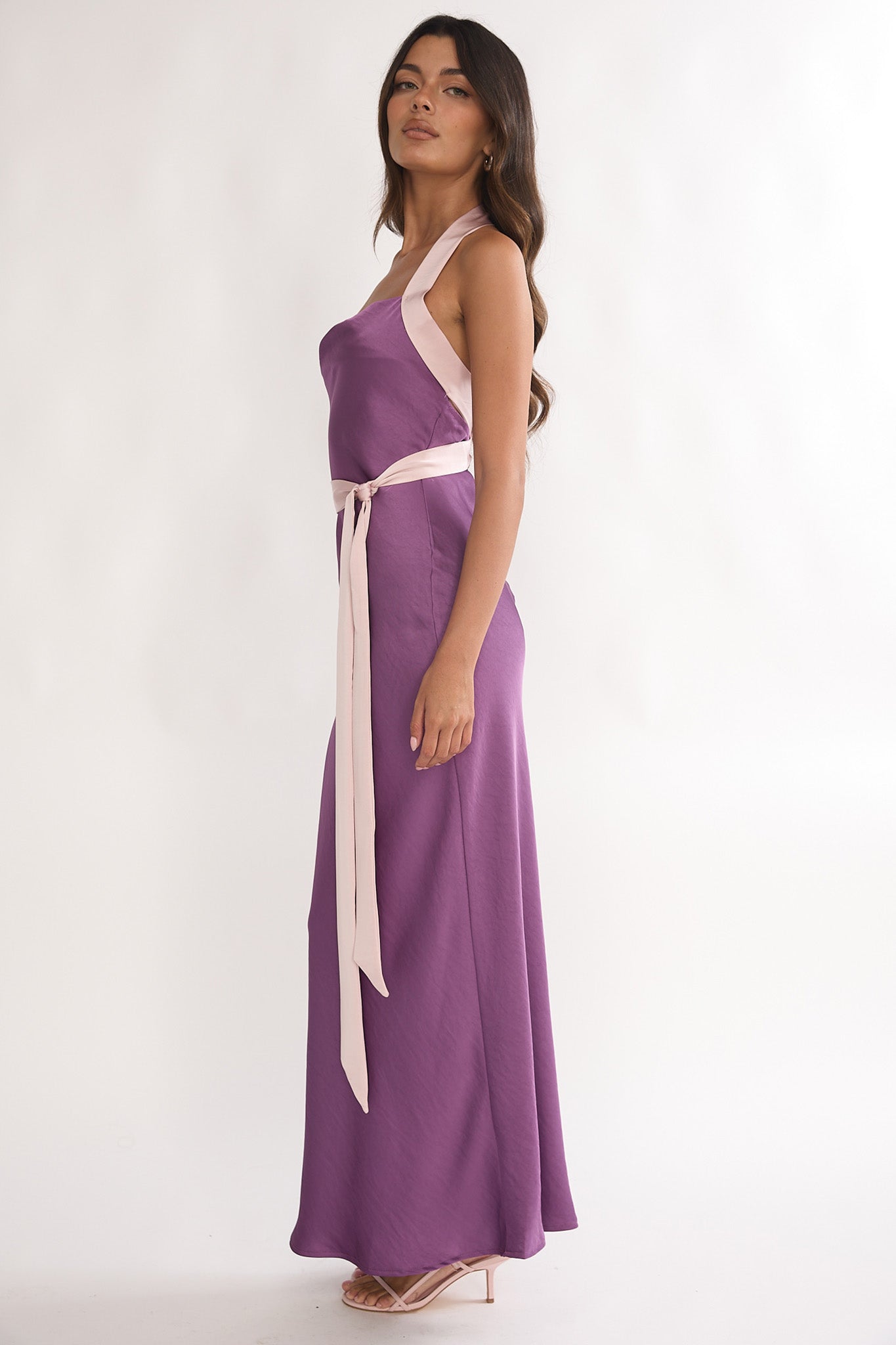 Elanah Waist Tie Halter Maxi Dress Grape