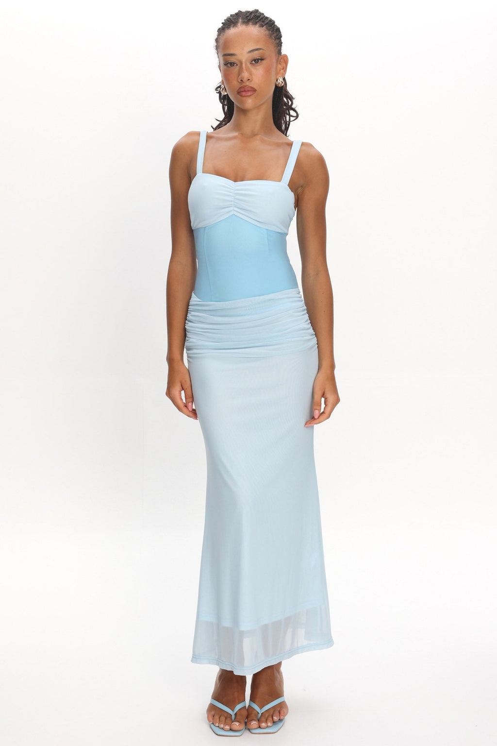 Maelle Contrast Bodice Ruched Maxi Dress Baby Blue