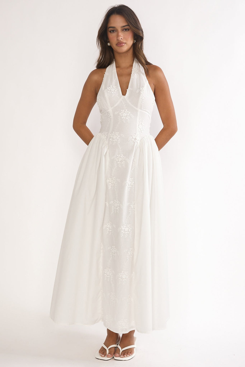 Talirosa Embroidered Halterneck Maxi Dress White