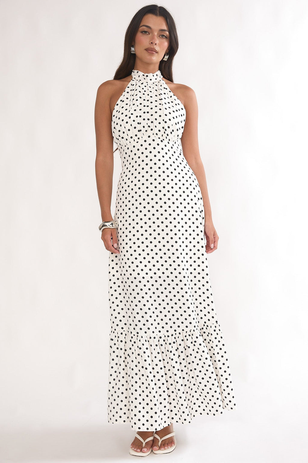 Romana High Neck Halter Maxi Dress Polka Dot White