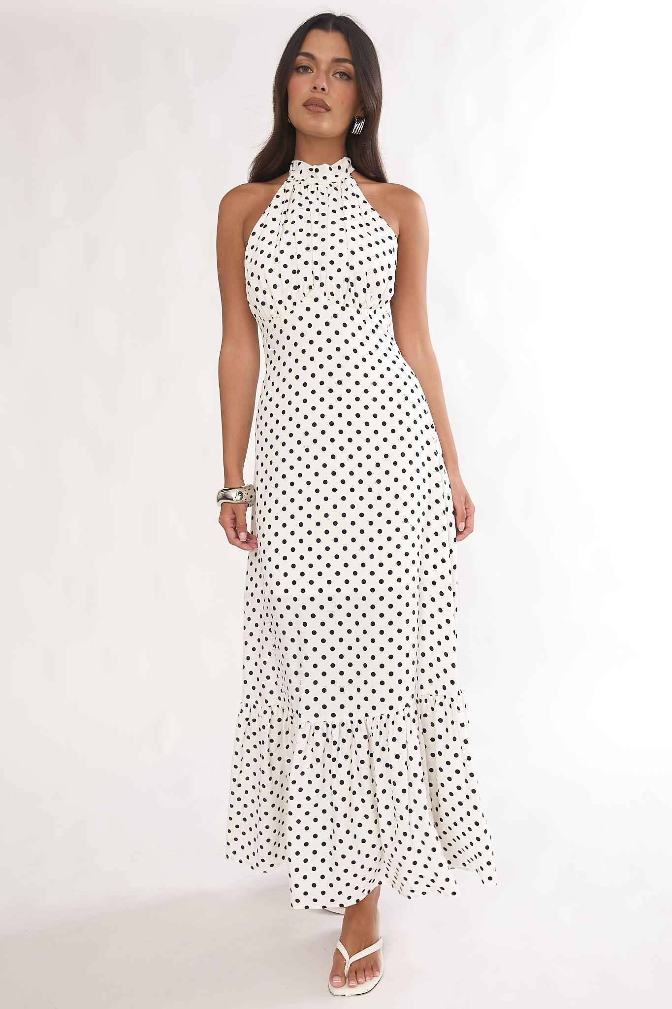 Romana High Neck Halter Maxi Dress Polka Dot White