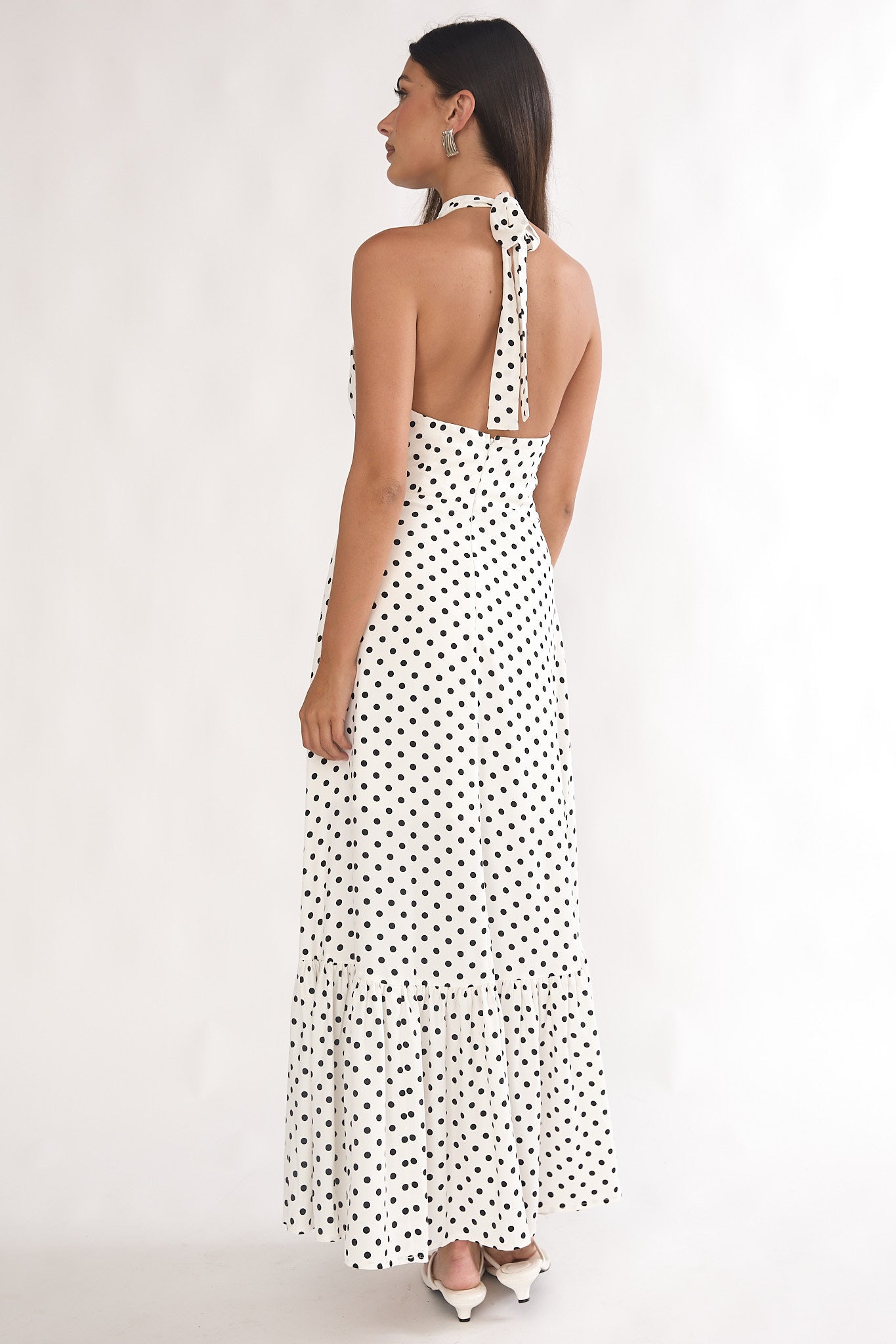 Romana High Neck Halter Maxi Dress Polka Dot White
