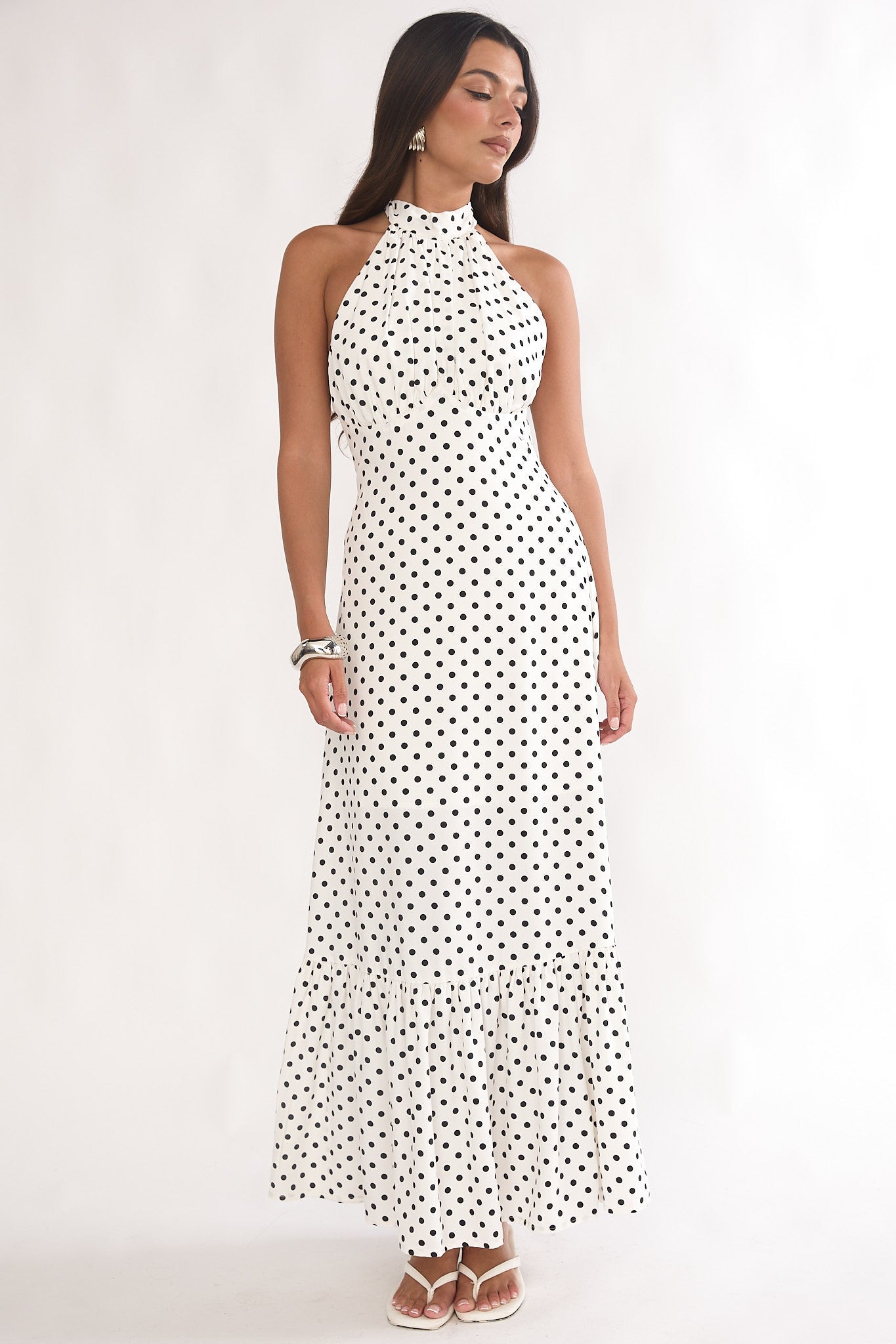 Romana High Neck Halter Maxi Dress Polka Dot White