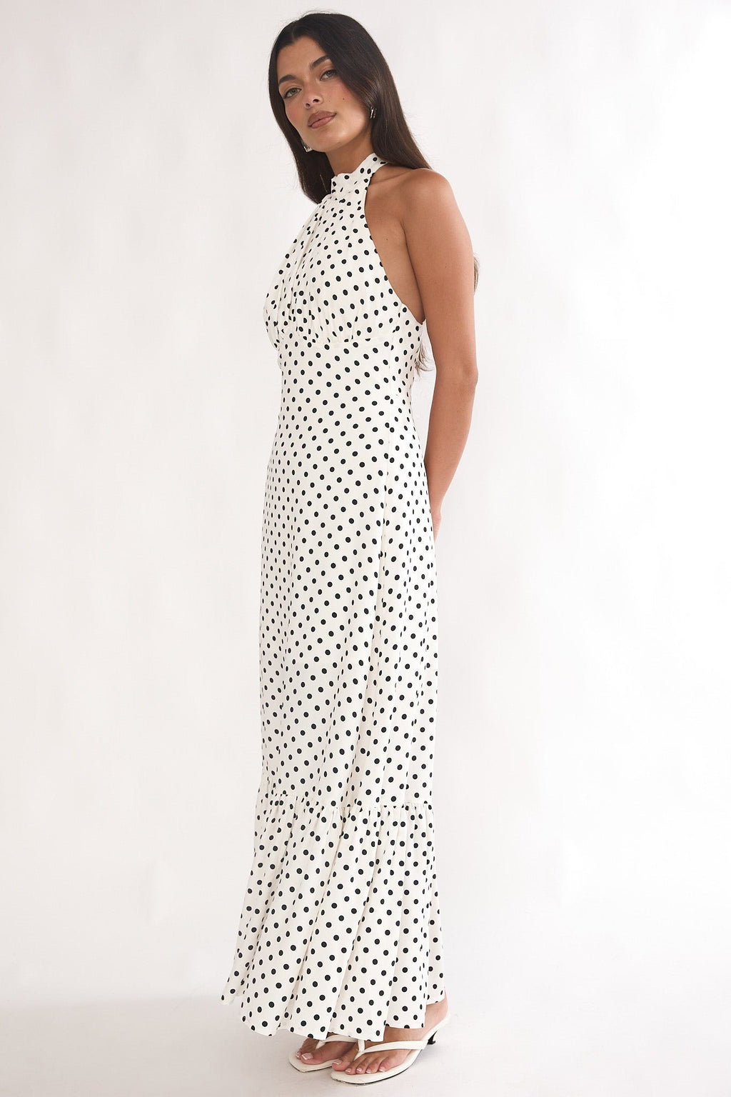 Romana High Neck Halter Maxi Dress Polka Dot White