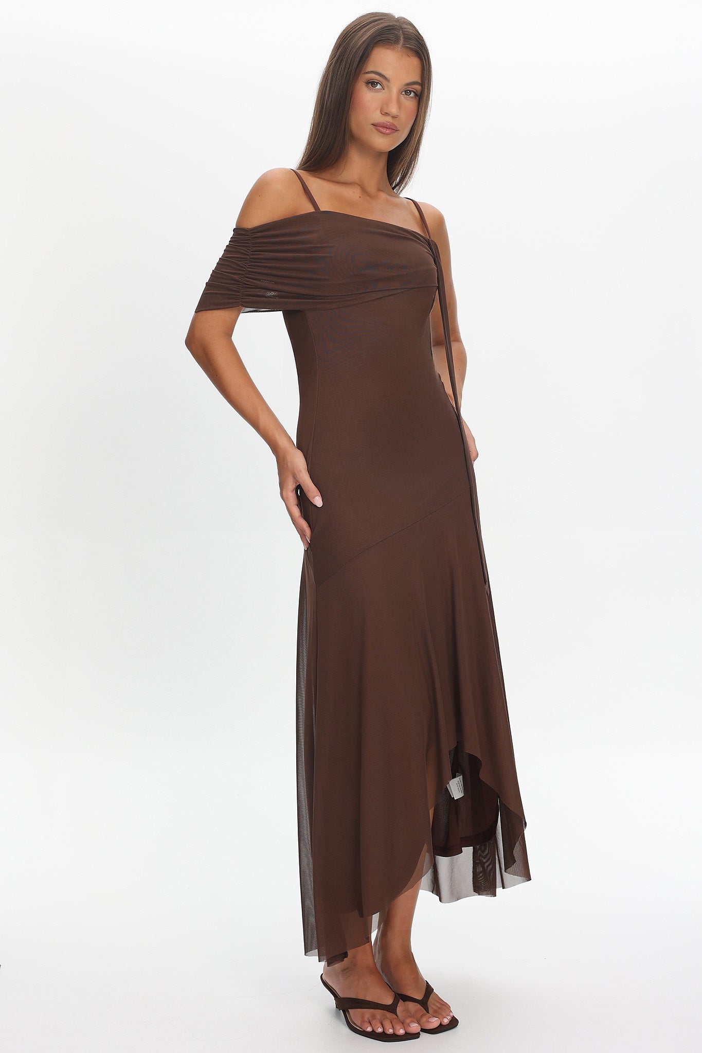 Millitah Asymmetric Hem Mesh Maxi Dress Chocolate