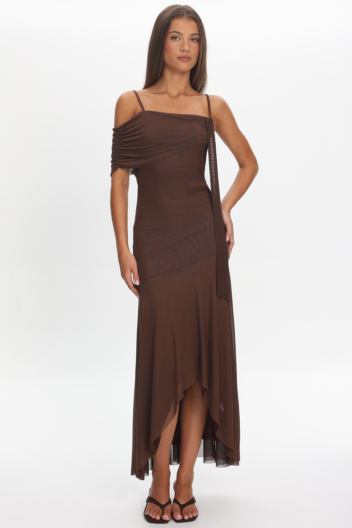 Millitah Asymmetric Hem Mesh Maxi Dress Chocolate
