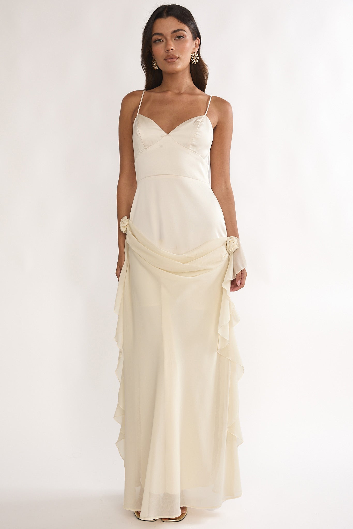 Rivena Rosette Chiffon Drape Maxi Dress Oyster