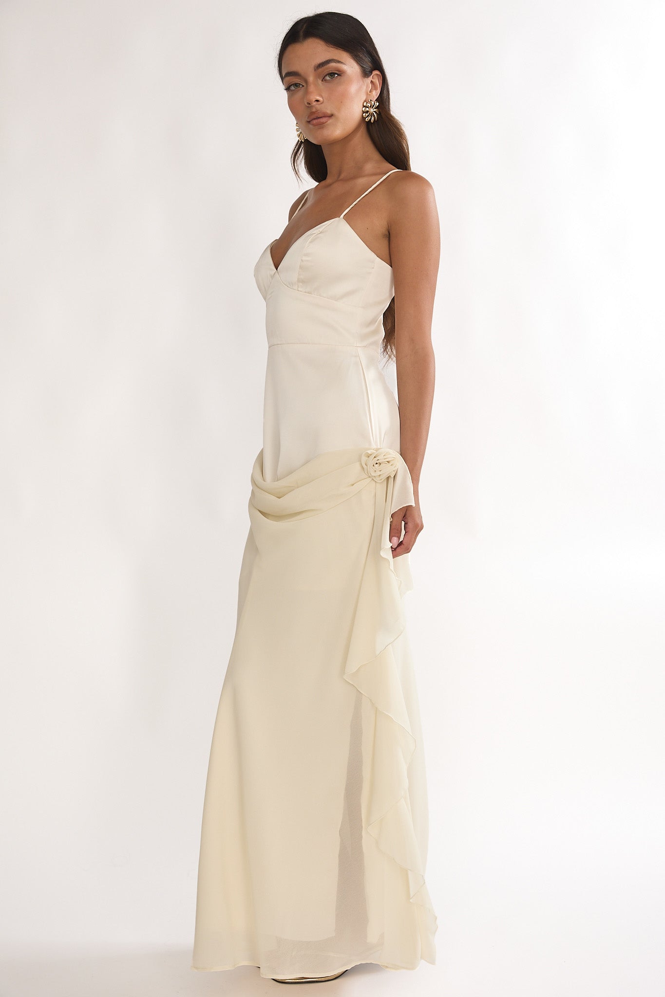 Rivena Rosette Chiffon Drape Maxi Dress Oyster