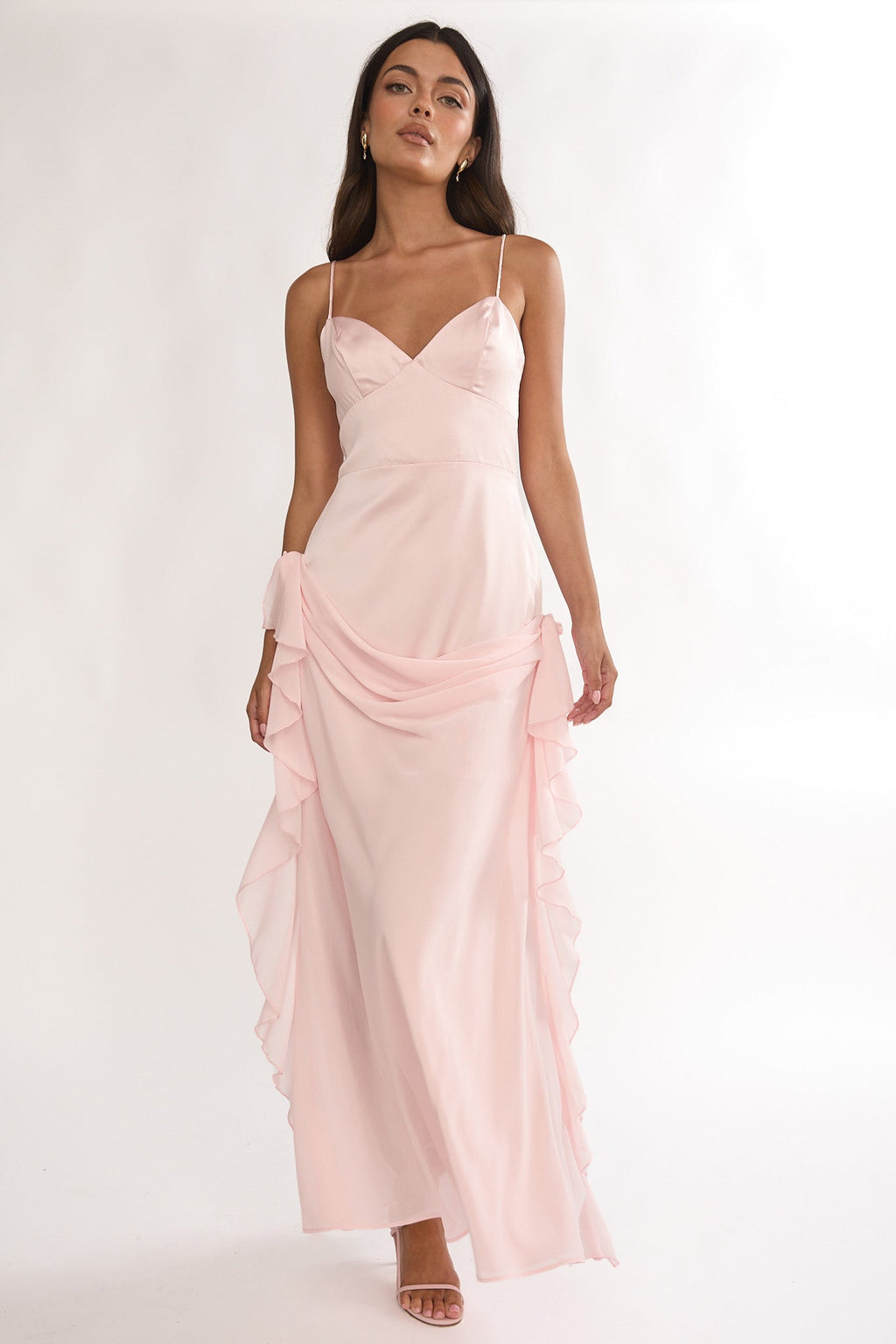 Rivena Rosette Chiffon Drape Maxi Dress Pink