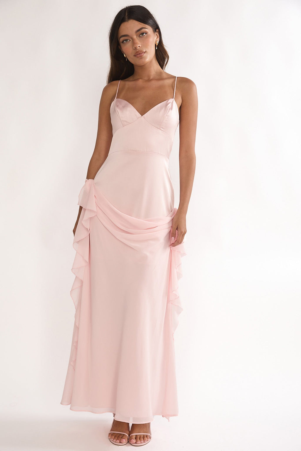 Rivena Rosette Chiffon Drape Maxi Dress Pink