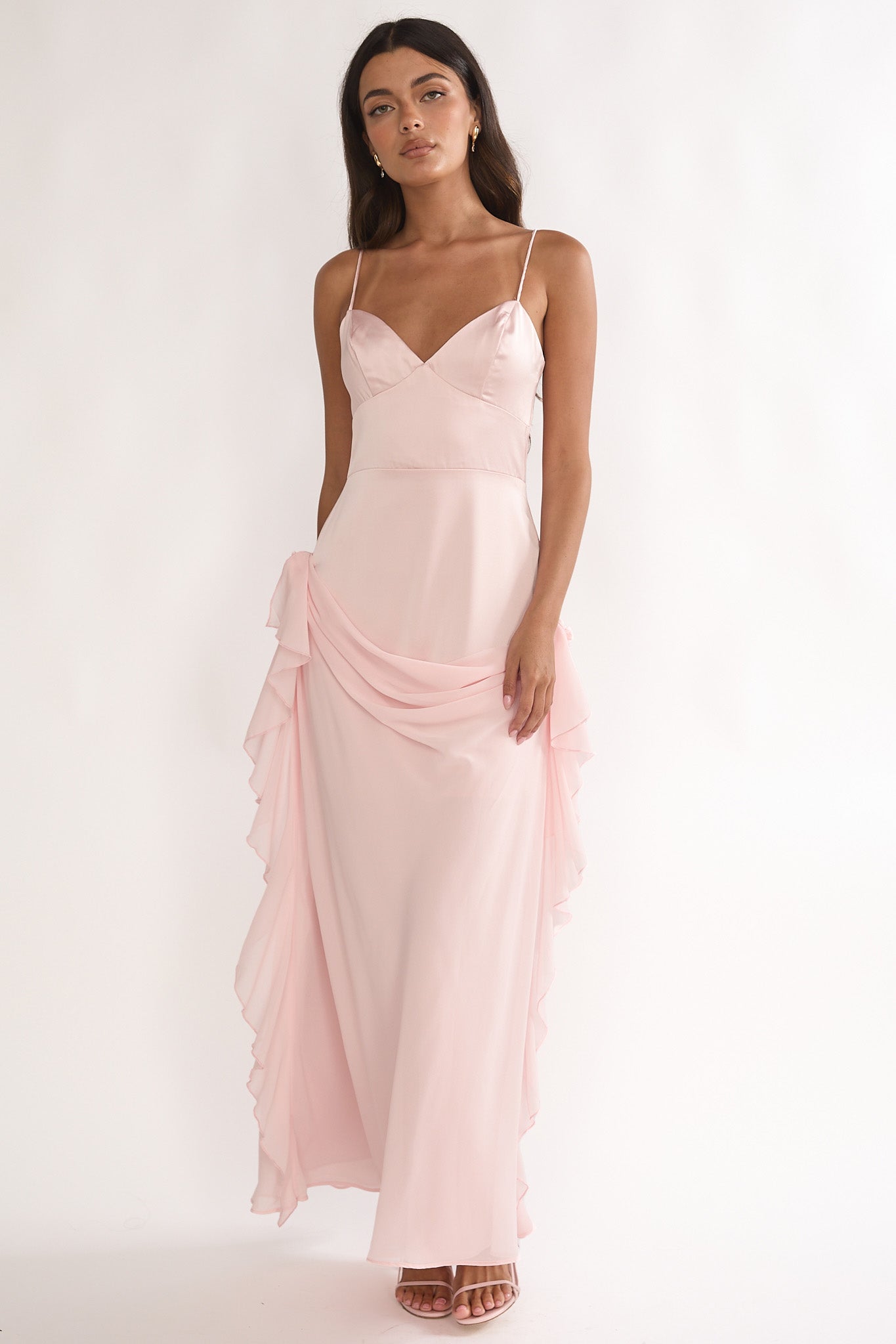 Rivena Rosette Chiffon Drape Maxi Dress Pink