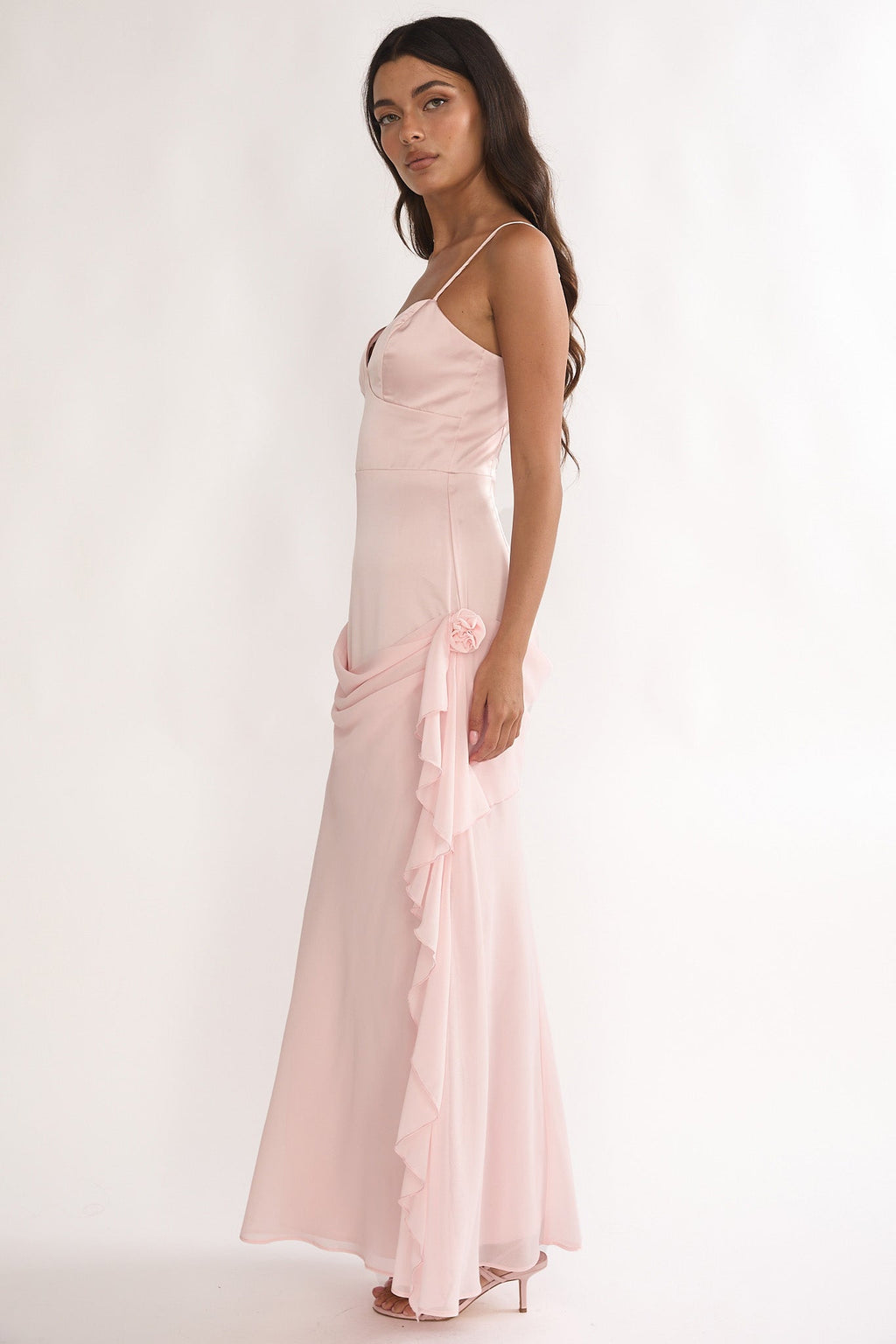 Rivena Rosette Chiffon Drape Maxi Dress Pink